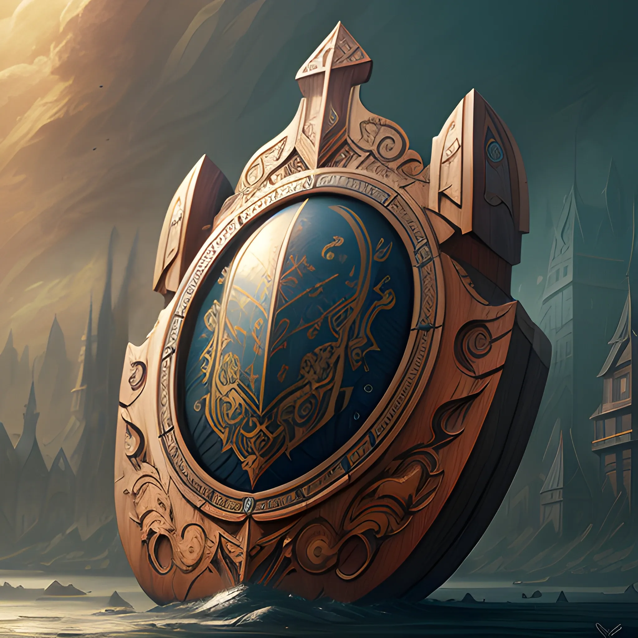 wooden, rounded shield, 8k, high resolution, detailed, detailed matte painting, deep color, fantastical, intricate detail, splash screen, complementary colors, fantasy concept art, 8k resolution trending on Artstation Unreal