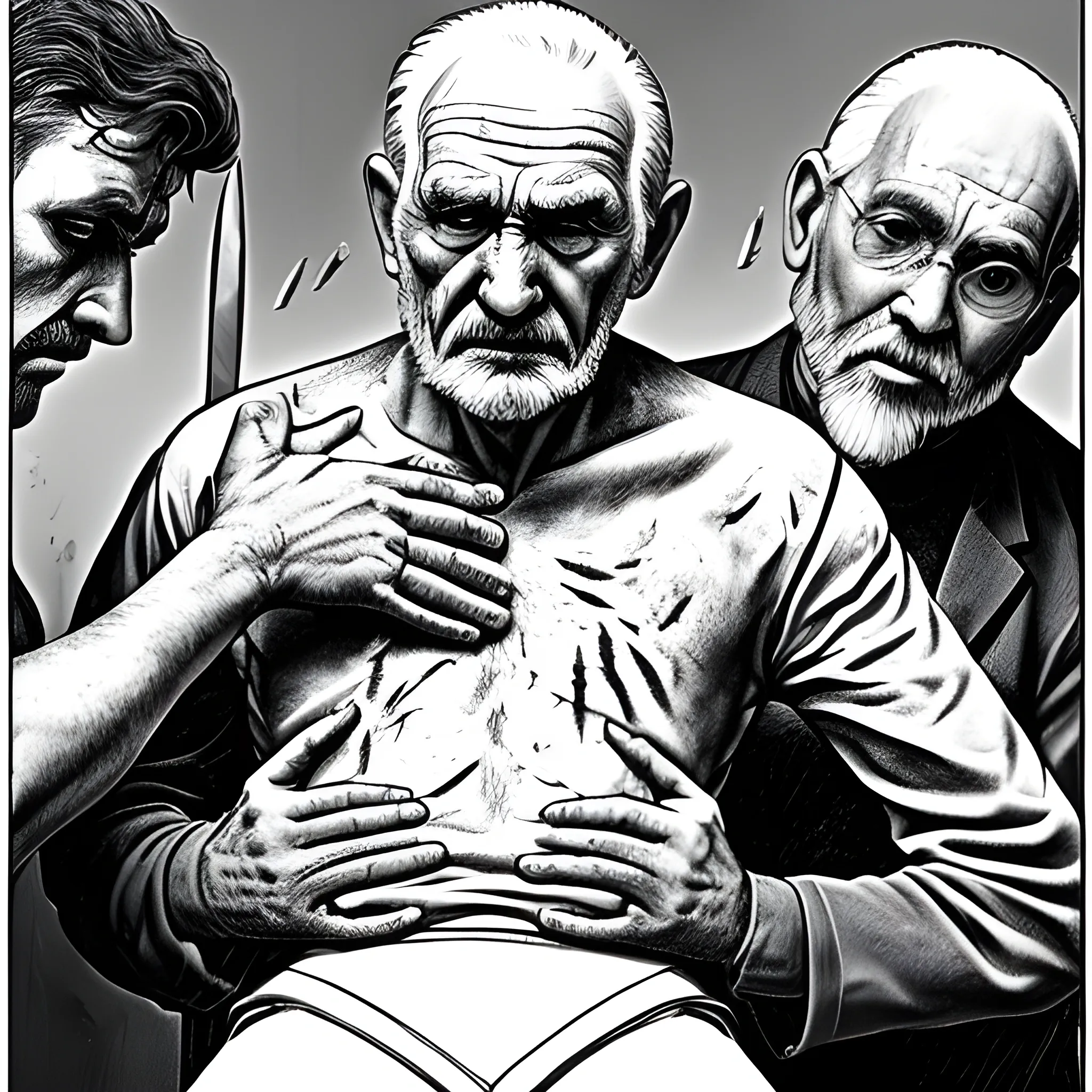 old man stabbing 3 other man in the back
