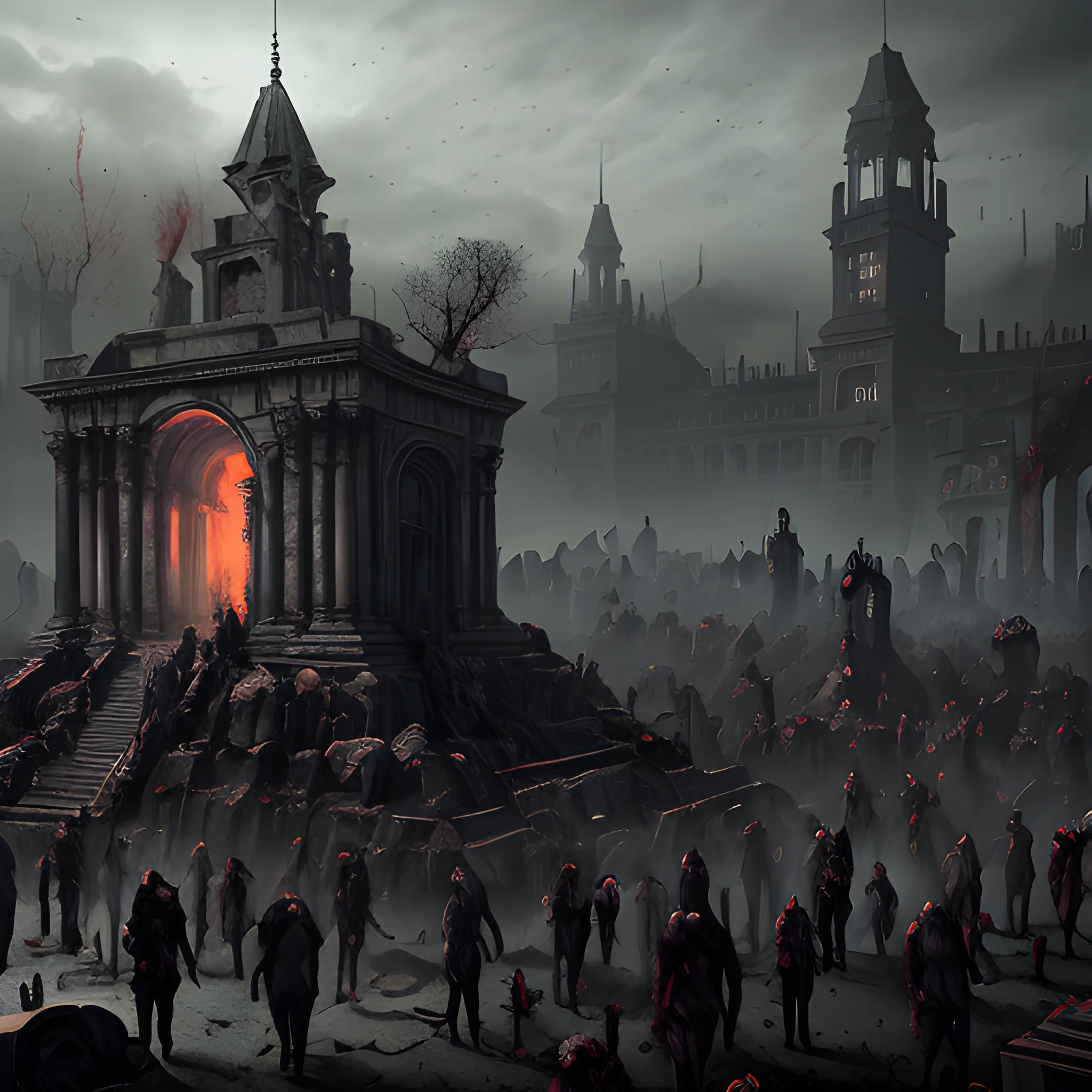 a lot of zombies and undead, necropolis, photorealistic, hyperrealistic, dark scennery, dark fantasy, shadow, 8k, high resolution, detailed, detailed matte painting, deep color, fantastical, intricate detail, splash screen, complementary colors, fantasy concept art, 8k resolution trending on Artstation Unreal Engine 5