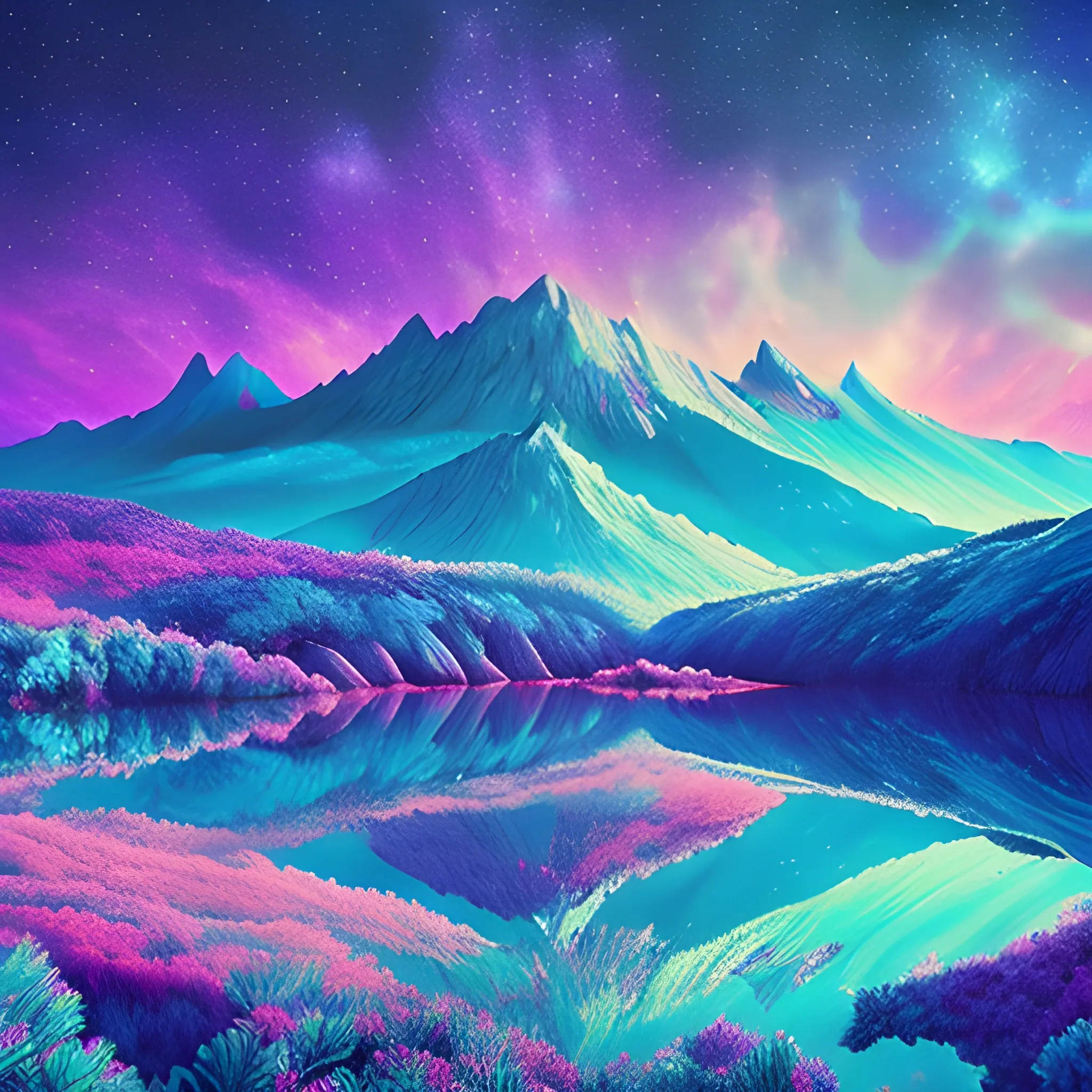 paysage enchanté fantasy coloré montagne avec chute d'eau, ciel étoilés avec galaxies en arrière plan, 8k ultra, Trippy