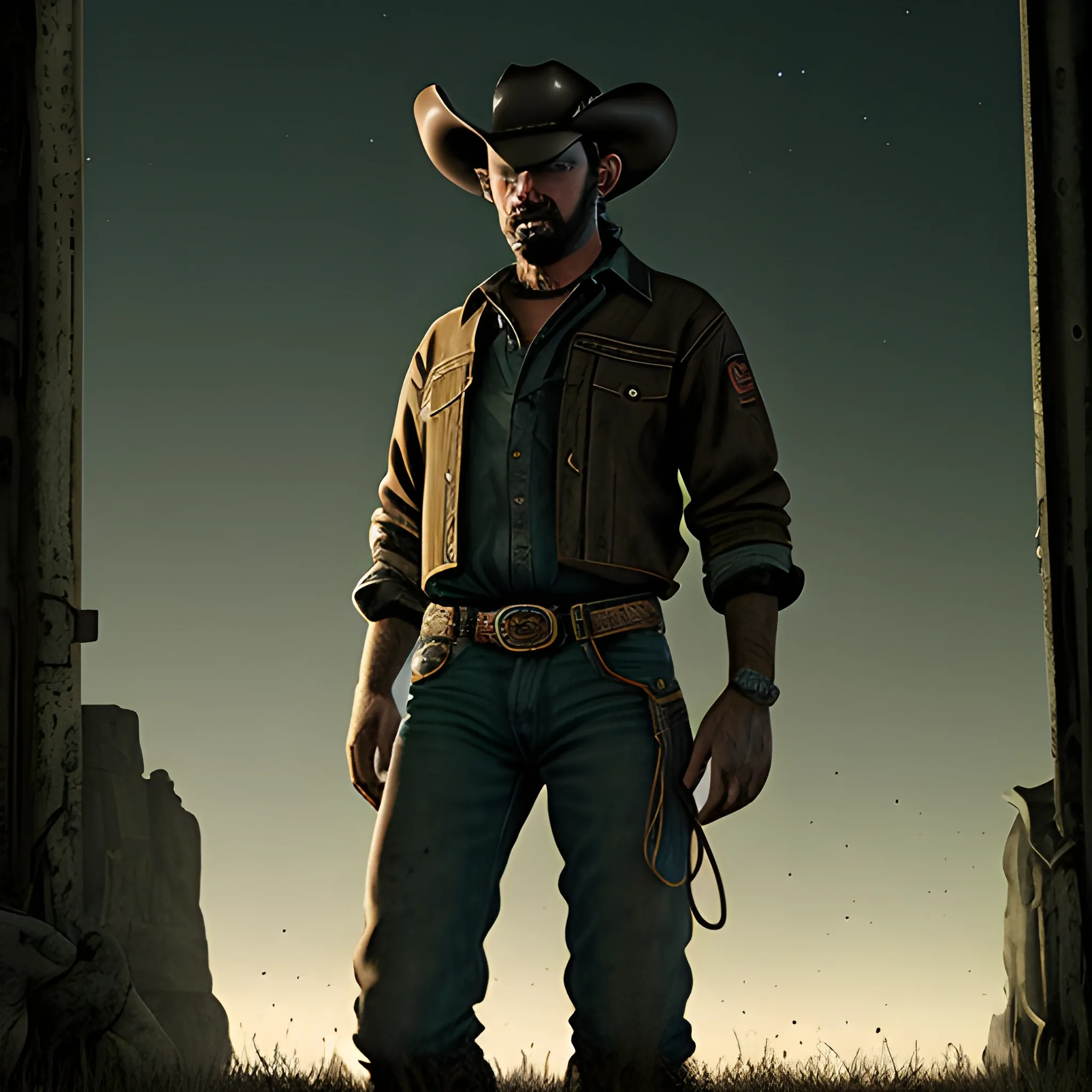 cowboy in 2077, detailed, high quality, dark atmosphere
