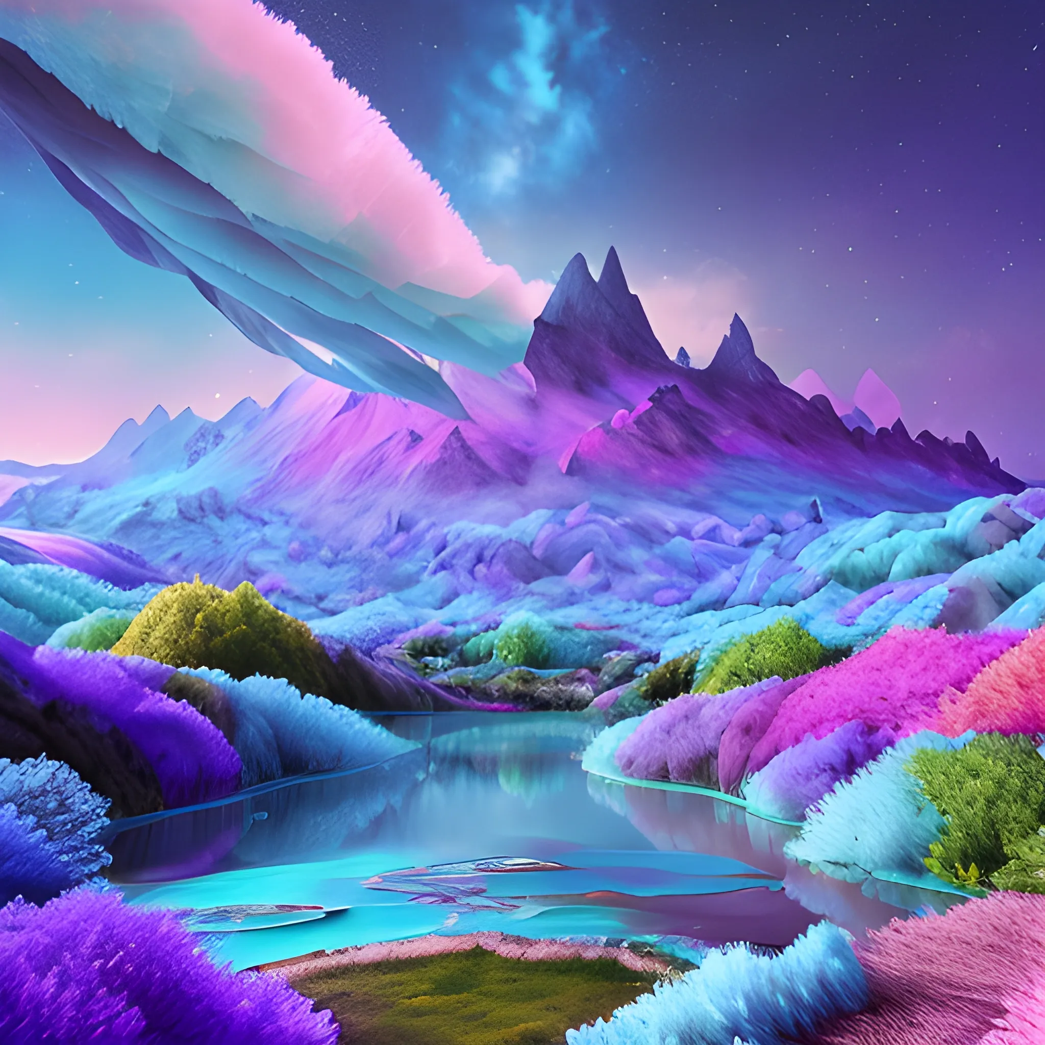 paysage enchanté fantasy coloré montagne avec chute d'eau, ciel étoilés avec galaxies en arrière plan, 8k ultra, 3D