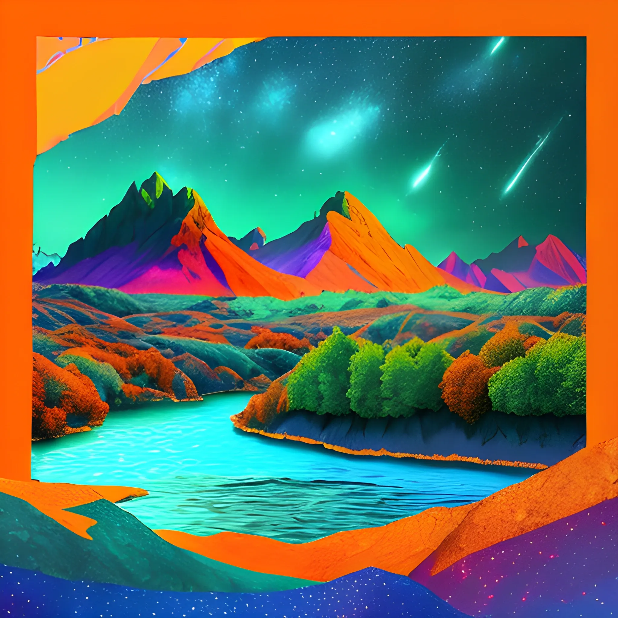 paysage enchanté fantasy coloré bleu rouge vert jaune pourpre orange montagne avec chute d'eau, ciel étoilés, avec galaxies en arrière plan, 8k ultra, Cartoon