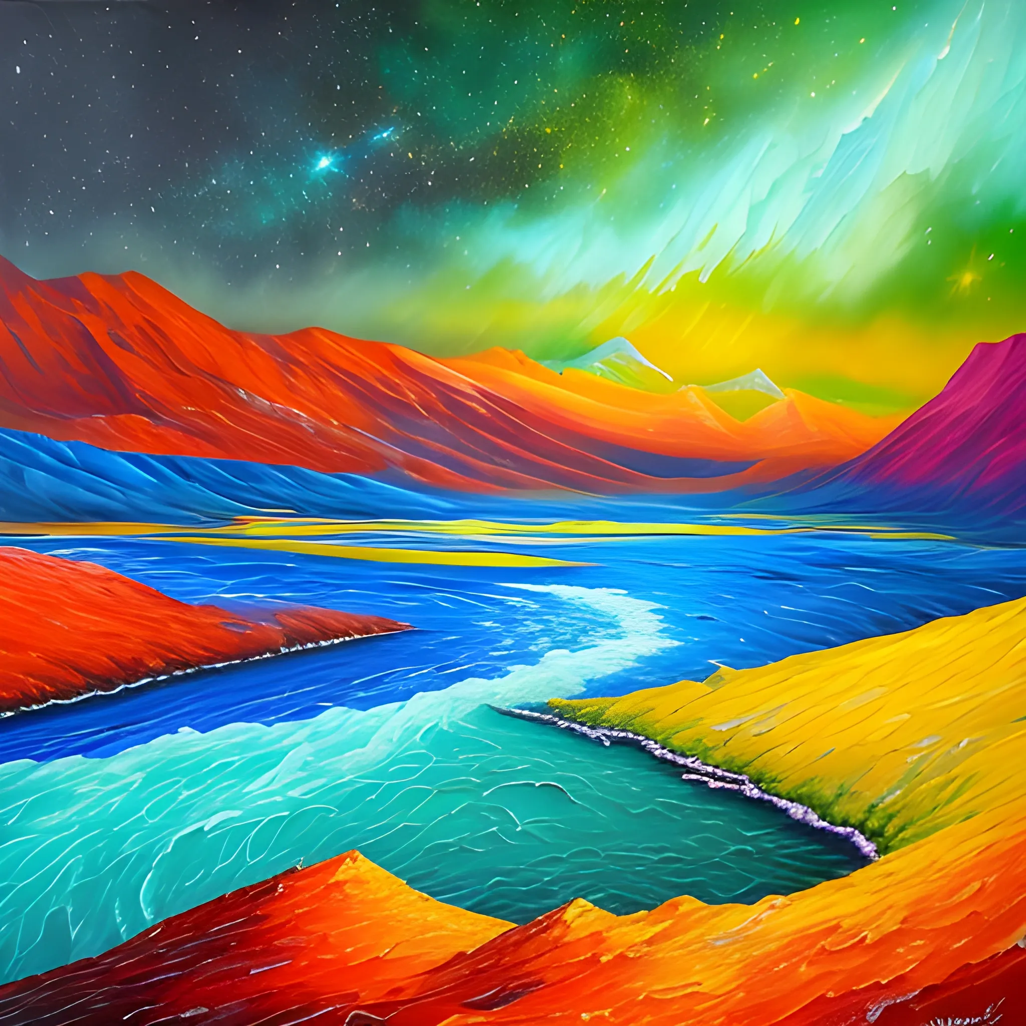 paysage enchanté fantasy coloré bleu rouge vert jaune pourpre orange montagne avec chute d'eau, ciel étoilés, avec galaxies en arrière plan, 8k ultra, Oil Painting