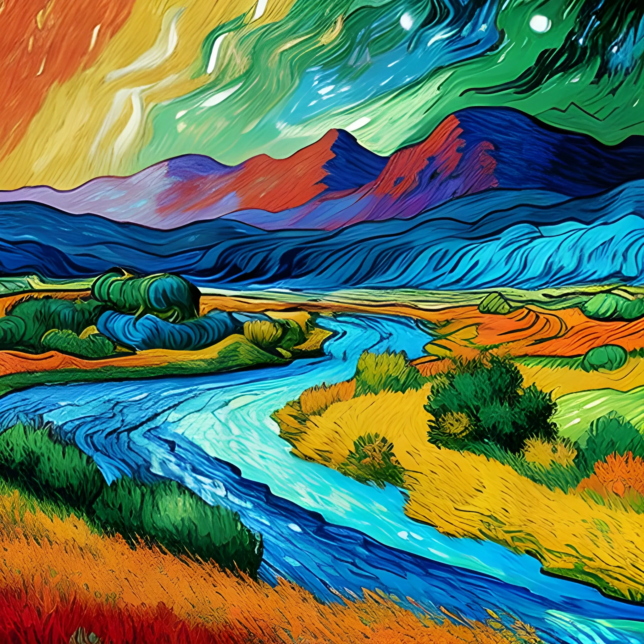 paysage enchanté fantasy coloré bleu rouge vert jaune pourpre orange montagne avec chute d'eau, ciel étoilés, avec galaxies en arrière plan, 8k ultra, Van Gogh style painting, Oil Painting