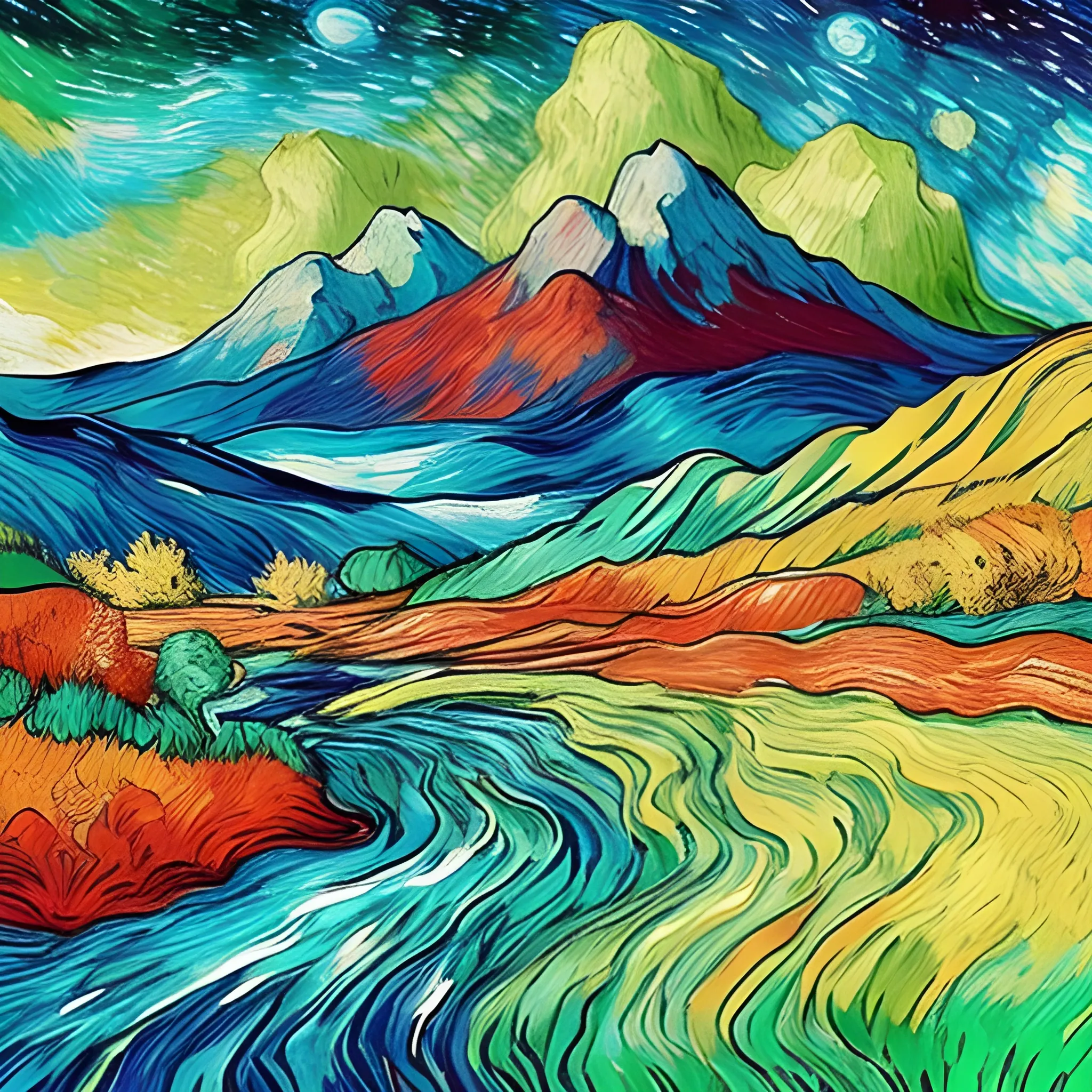 paysage enchanté fantasy coloré bleu rouge vert jaune pourpre orange montagne avec chute d'eau, ciel étoilés, avec galaxies en arrière plan, 8k ultra, Van Gogh style painting, Water Color