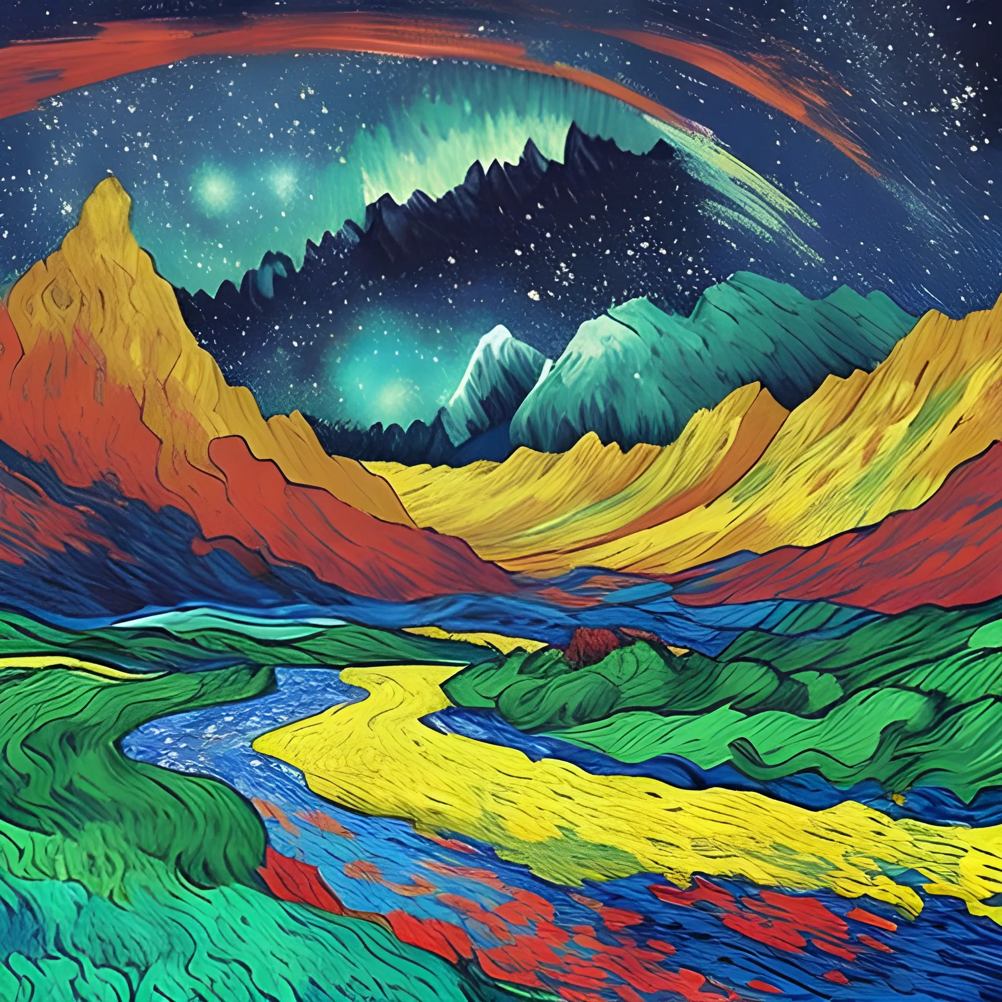 paysage enchanté fantasy coloré bleu rouge vert jaune pourpre orange montagne avec chute d'eau, ciel étoilés, avec galaxies en arrière plan, 8k ultra, Van Gogh style painting, Trippy