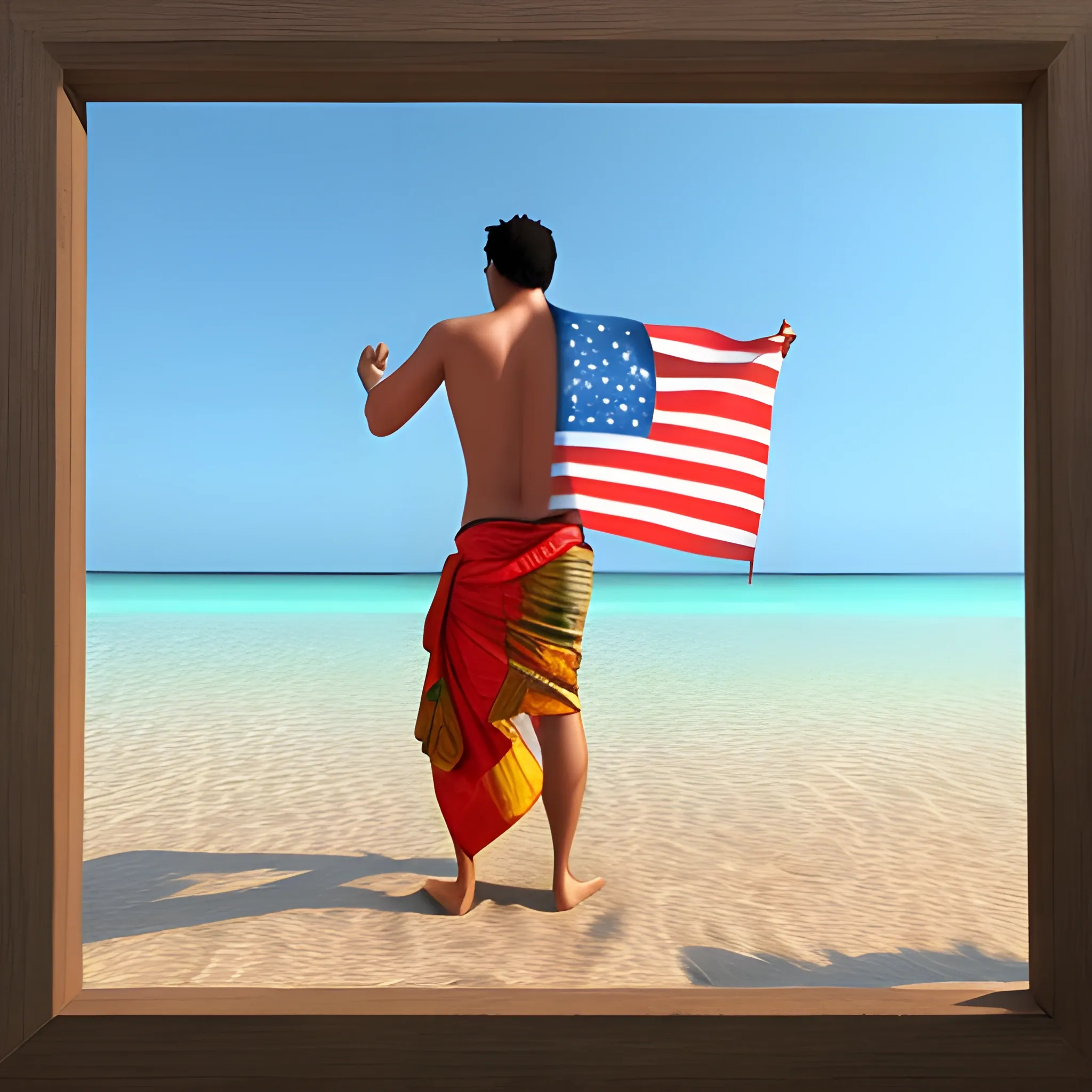 man wearing sarong holding a flag on the beach, Cartoon, 3D