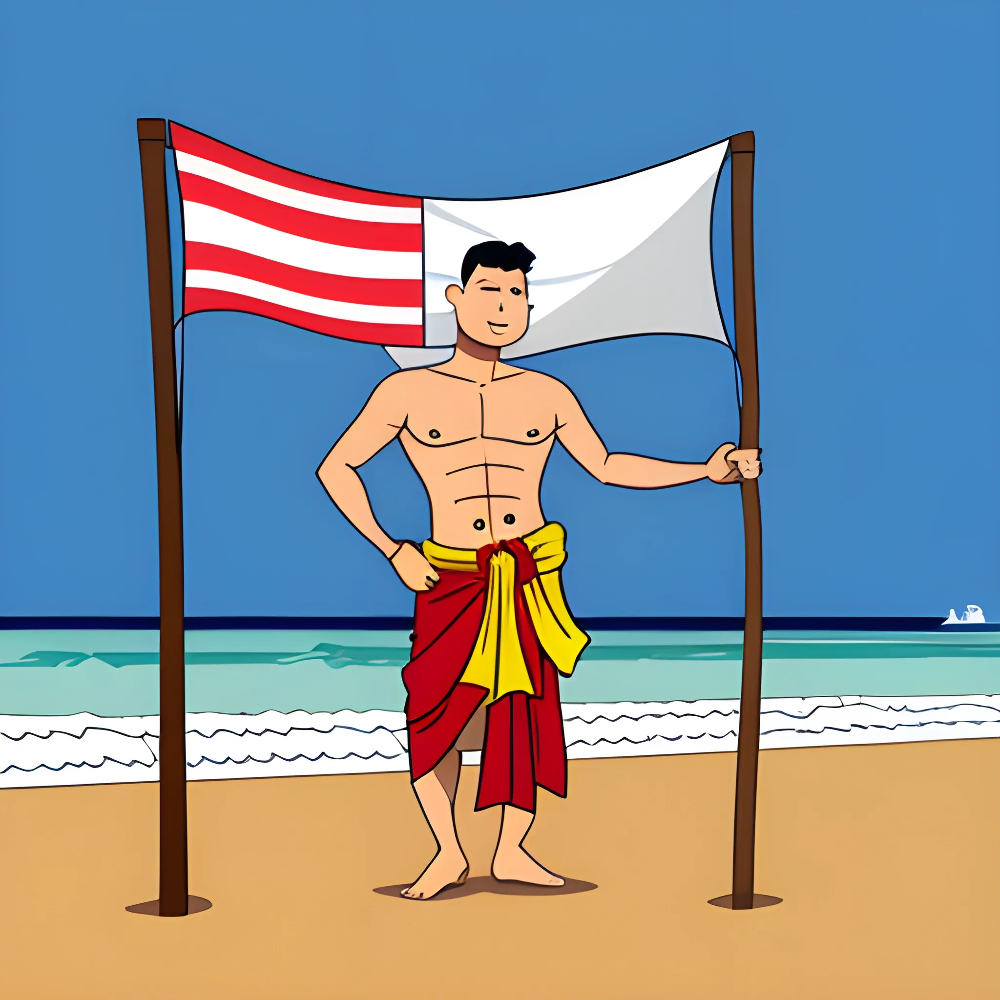 man wearing sarong holding a flag on the beach, Cartoon