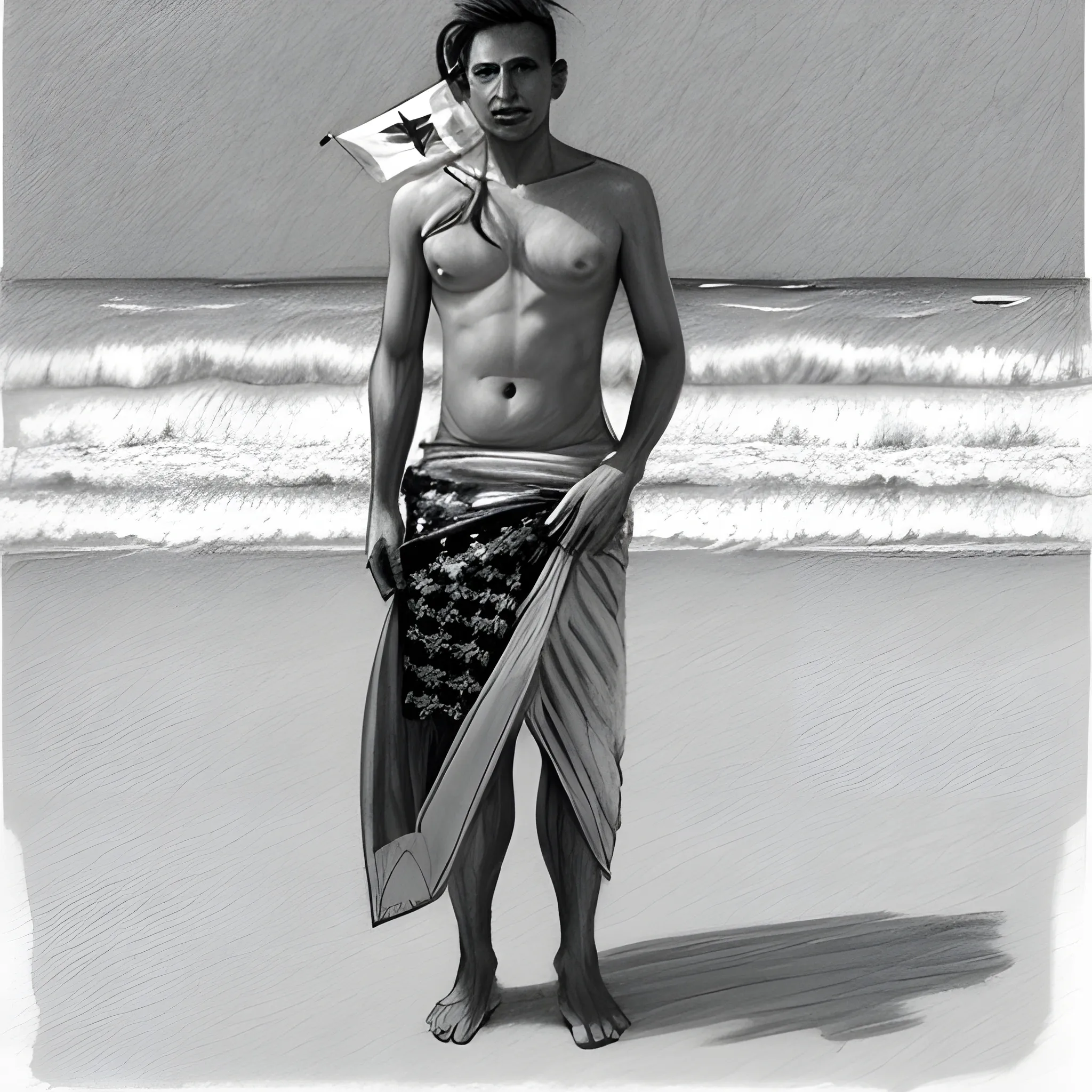 man wearing sarong holding a flag on the beach, Pencil Sketch