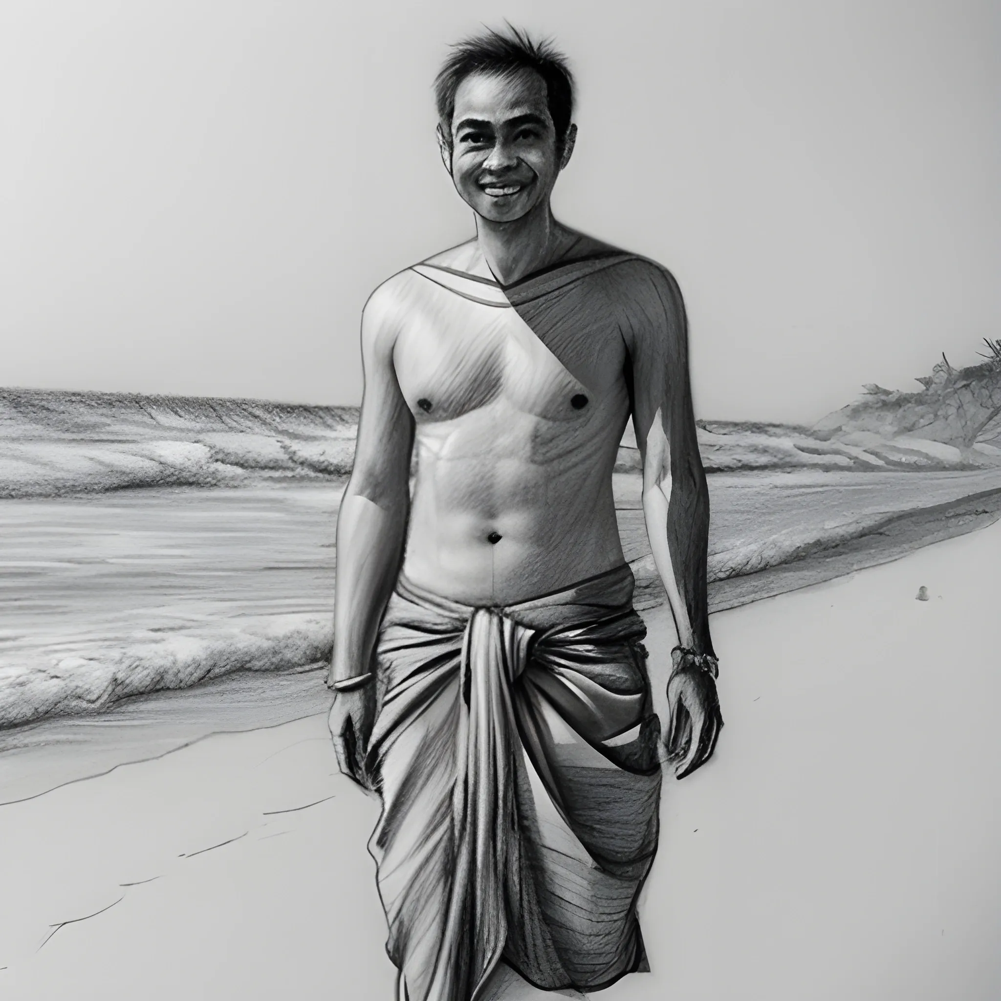 man wearing sarong  the beach, Pencil Sketch