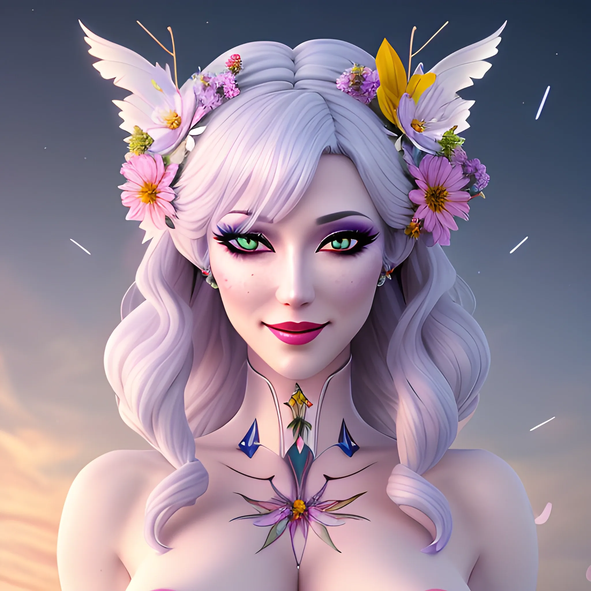 nsfw:1.5,masterpiece, best quality, 1girl, (colorful),(delicate eyes and face), volumatic light, ray tracing, bust shot ,extremely detailed CG unity 8k wallpaper,solo,smile,((flying petal)),(Flowery meadow) sky, cloudy_sky,moonlight, moon, night, (dark theme:1.3), light, fantasy, windy, magic sparks, dark castle,white hair,, 3D