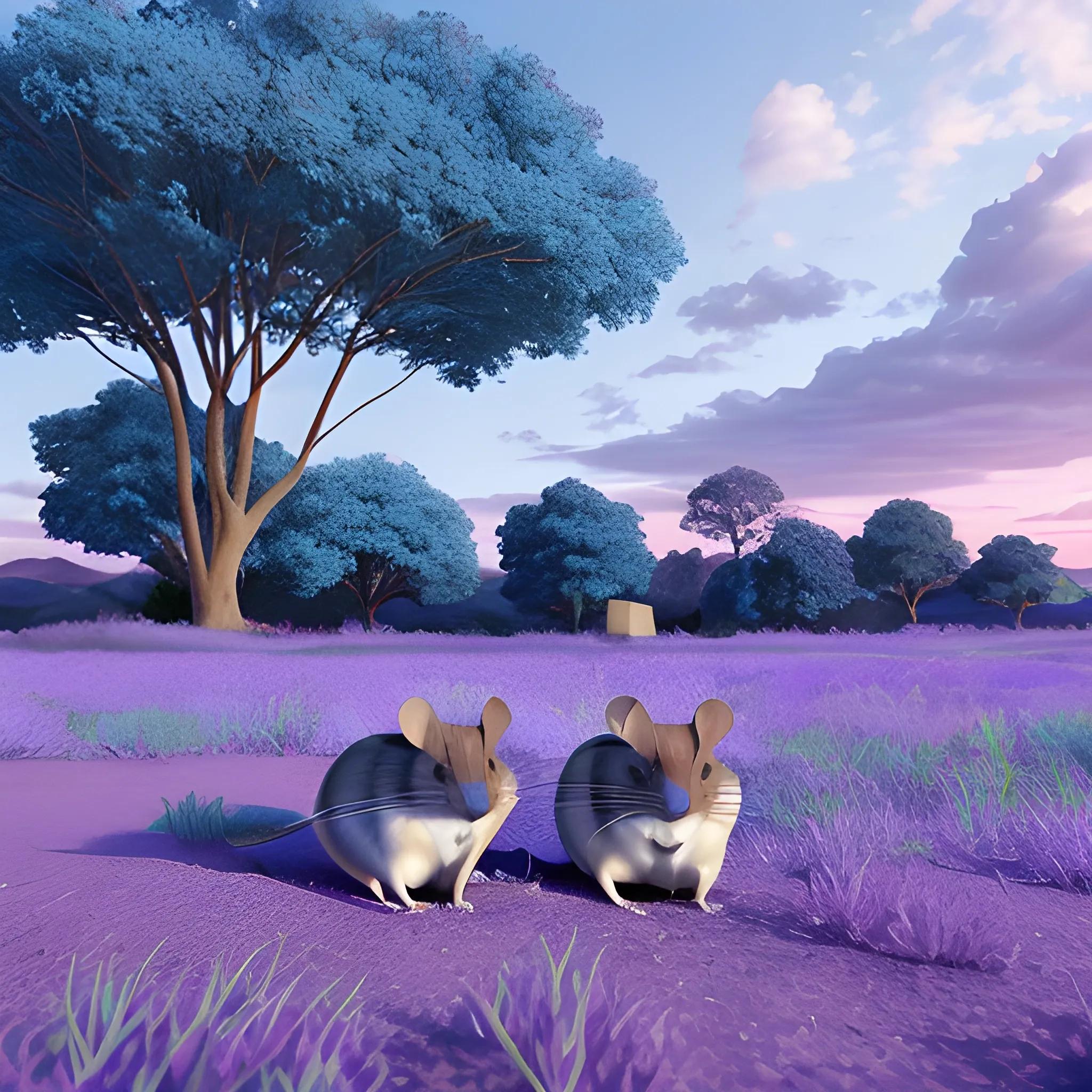 A landscape with blue-colored fauna, the sky a light shade of purple with gently scattered clouds in the background, two field rodents lost in the distance., 3D, realistic, detaliat