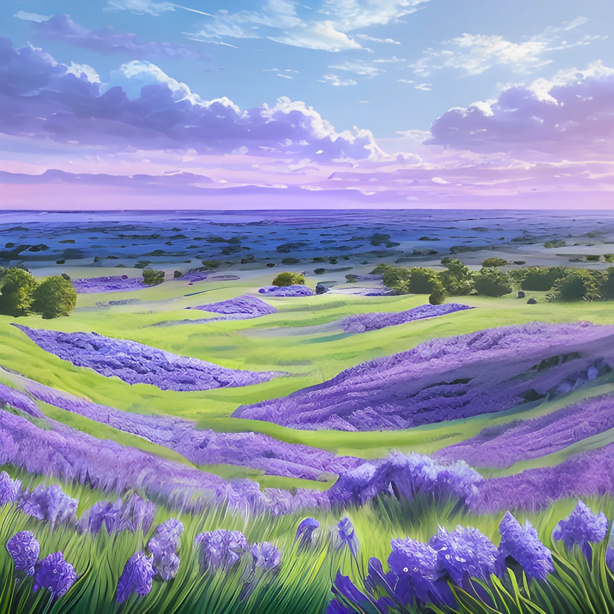 A landscape with blue-colored fauna, the sky a light shade of purple with gently scattered clouds in the background, two field rodents lost in the distance. realistic, detaliat