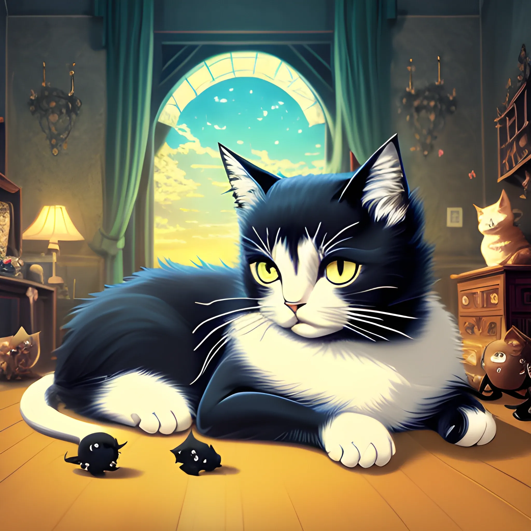 ((masterpiece)), ((best quality)), (exquisite), 8k, , anime, cat, black, cat, room background, play cat