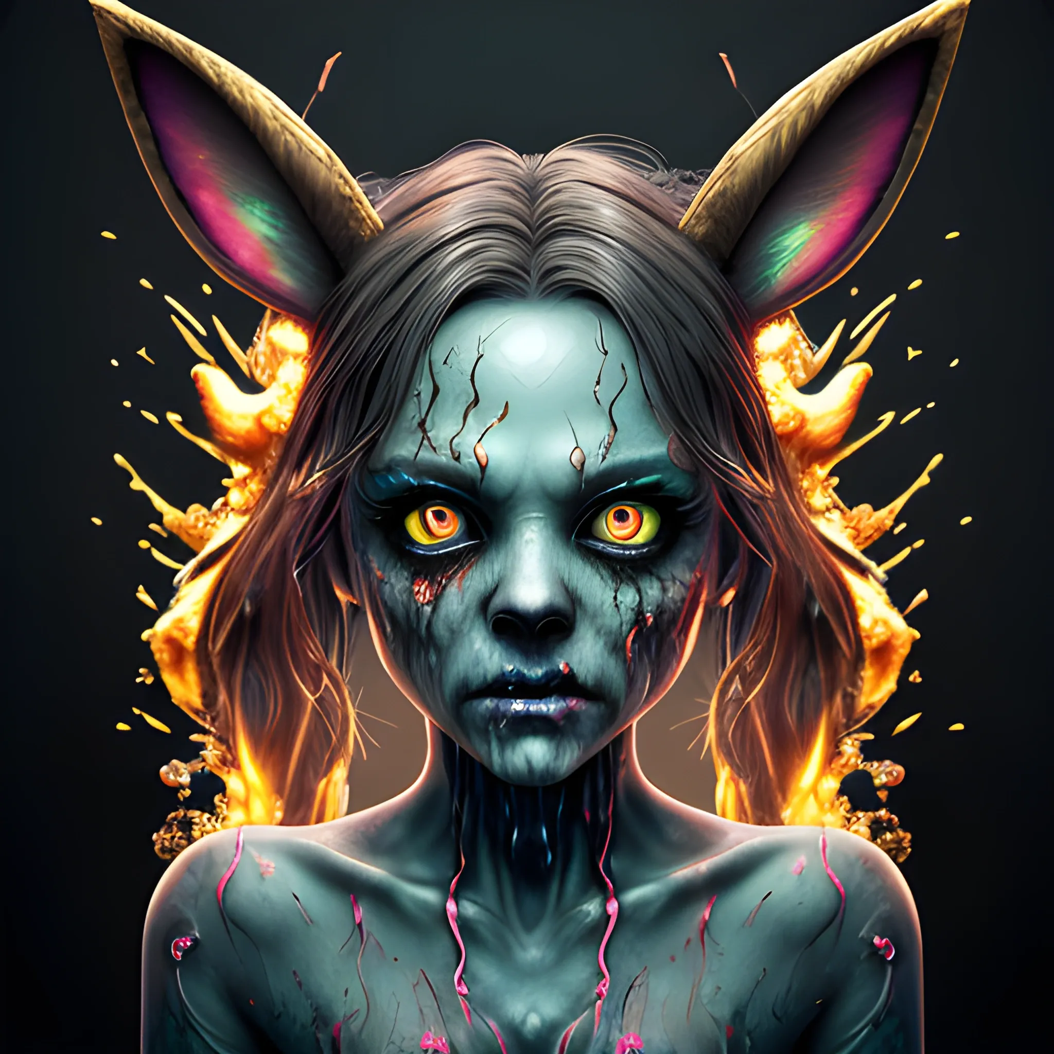 Zombie Eevee, Hyperdetailed Eyes, Tee-Shirt Design, Line Art, Black Background, Ultra Detailed Artistic, Detailed Gorgeous Face, Natural Skin, Neon colors, Water Splash, Colour Splash Art, Fire and Ice, Splatter, Black Ink, Liquid Melting, Dreamy, Glowing, Glamour, Glimmer, Shadows, Oil On Canvas, Brush Strokes, Smooth, Ultra High Definition, 8k, Unreal Engine 5, Ultra Sharp Focus, Intricate Artwork Masterpiece, Ominous, Golden Ratio, Highly Detailed, Vibrant, Production Cinematic Character Render, Ultra High Quality Model, Cartoon