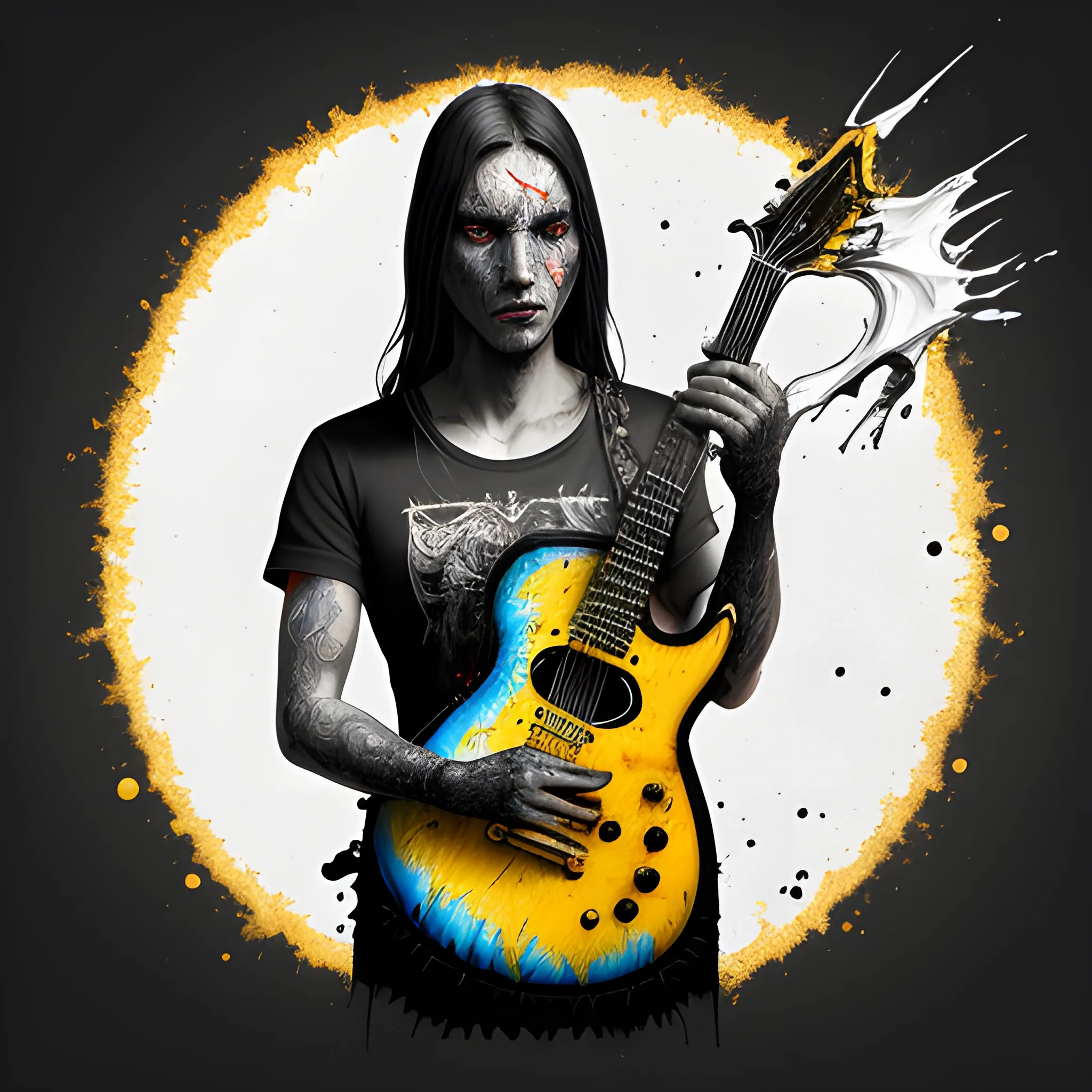 A guitar, Tee-Shirt Design, Line Art, Black Background, Ultra Detailed Artistic, Water Splash, Colour Splash Art, Fire and Ice, Splatter, Black Ink, Liquid Melting, Dreamy, Glowing, Glamour, Glimmer, Shadows, Oil On Canvas, Brush Strokes, Smooth, Ultra High Definition, 8k, Unreal Engine 5, Ultra Sharp Focus, Intricate Artwork Masterpiece, Ominous, Golden Ratio, Highly Detailed, Vibrant, Production Cinematic Character Render, Ultra High Quality Model, Cartoon