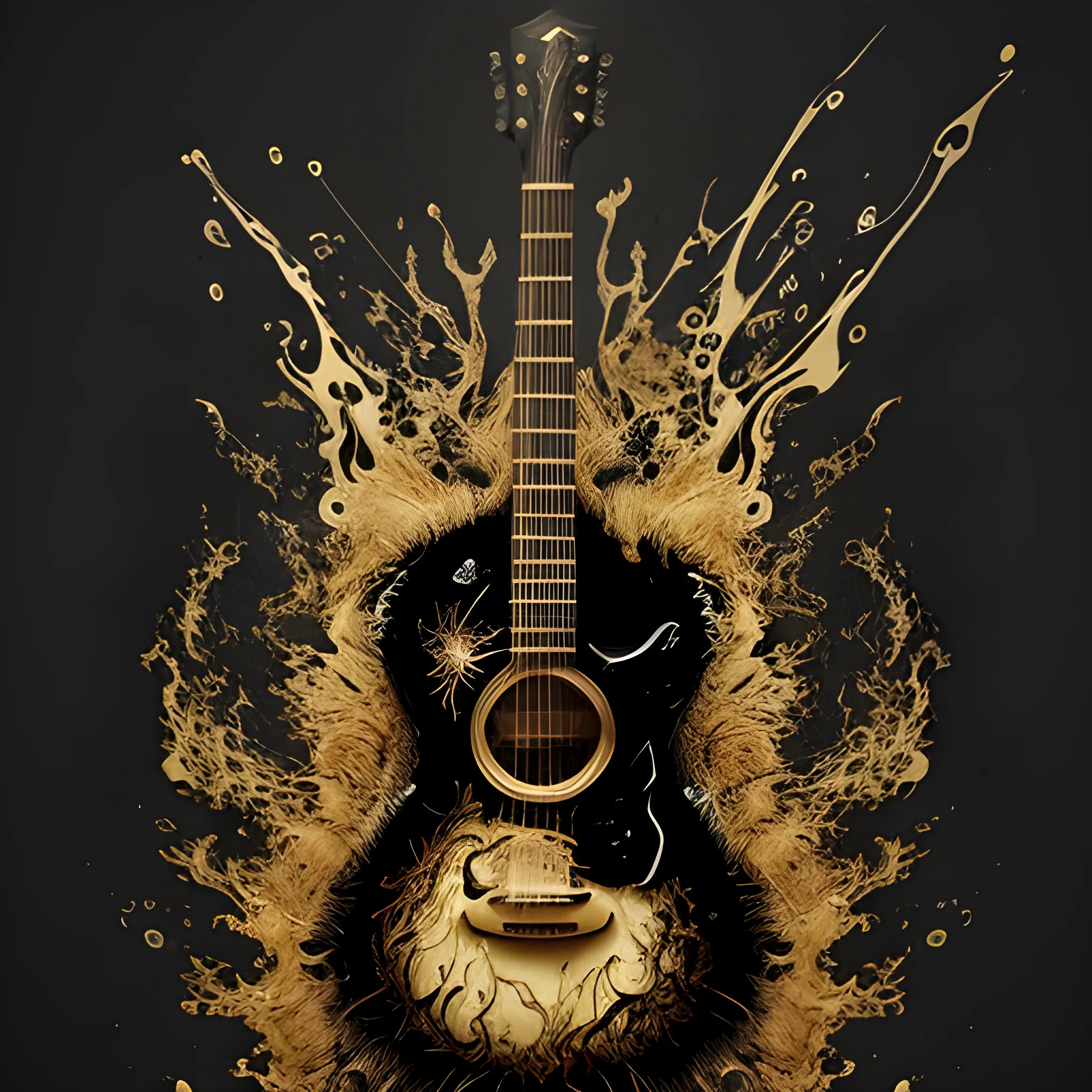 A guitar, T-Shirt Design, Line Art, Black Background, Ultra Detailed Artistic, Water Splash, Colour Splash Art, Fire and Ice, Splatter, Black Ink, Liquid Melting, Dreamy, Glowing, Glamour, Glimmer, Shadows, Oil On Canvas, Brush Strokes, Smooth, Ultra High Definition, 8k, Unreal Engine 5, Ultra Sharp Focus, Intricate Artwork Masterpiece, Ominous, Golden Ratio, Highly Detailed, Vibrant, Production Cinematic Character Render, Ultra High Quality Model,