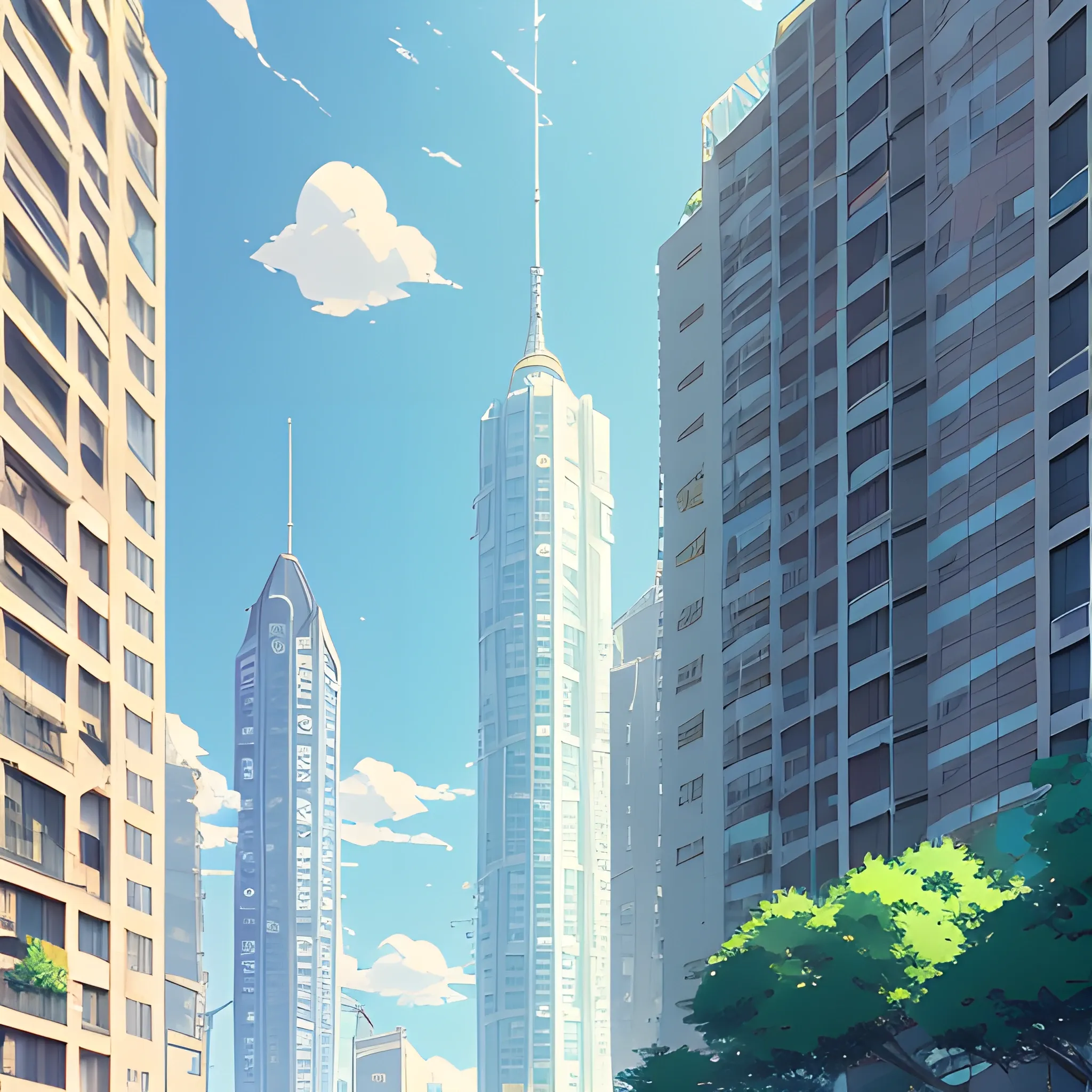 makoto shinkai, tall building, wide building, colorful, sunny weather, 3d art, high detail, art station, ray tracing, distant view, stylized, 3D