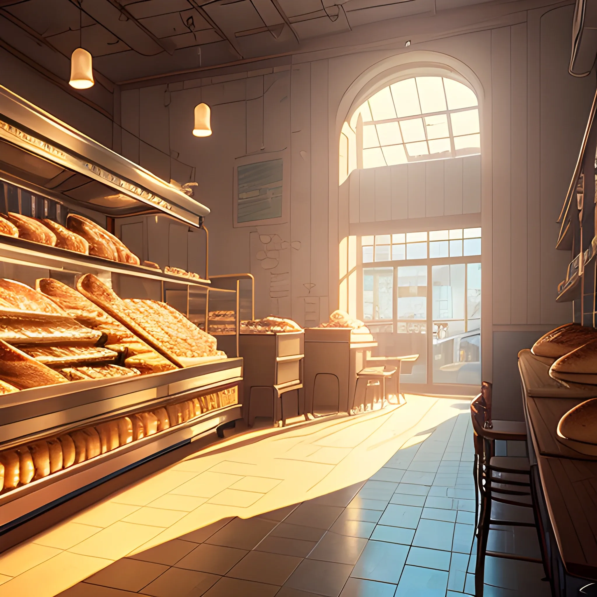 interior, bakery, warm light, high detail, makoto shinkai, stylize, bread, cake, ray tracing, full render, unreal engine, , 3D, high poly, 3d art, artstation,