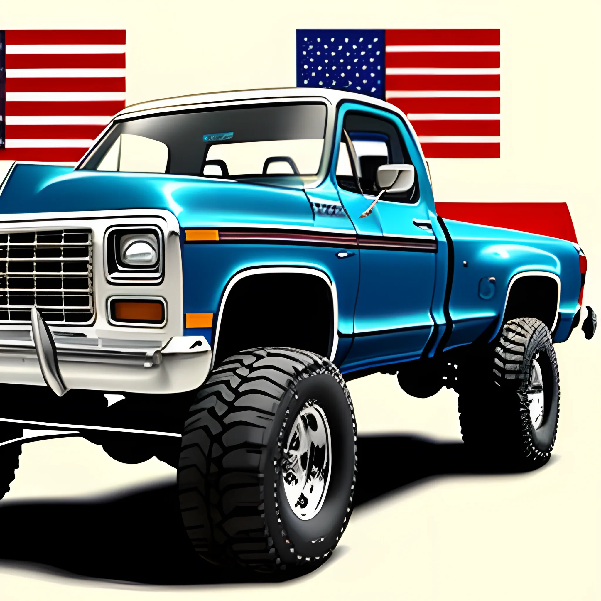 1979 Chevrolet huge 4x4 truck, fat tires American flag cartoon  