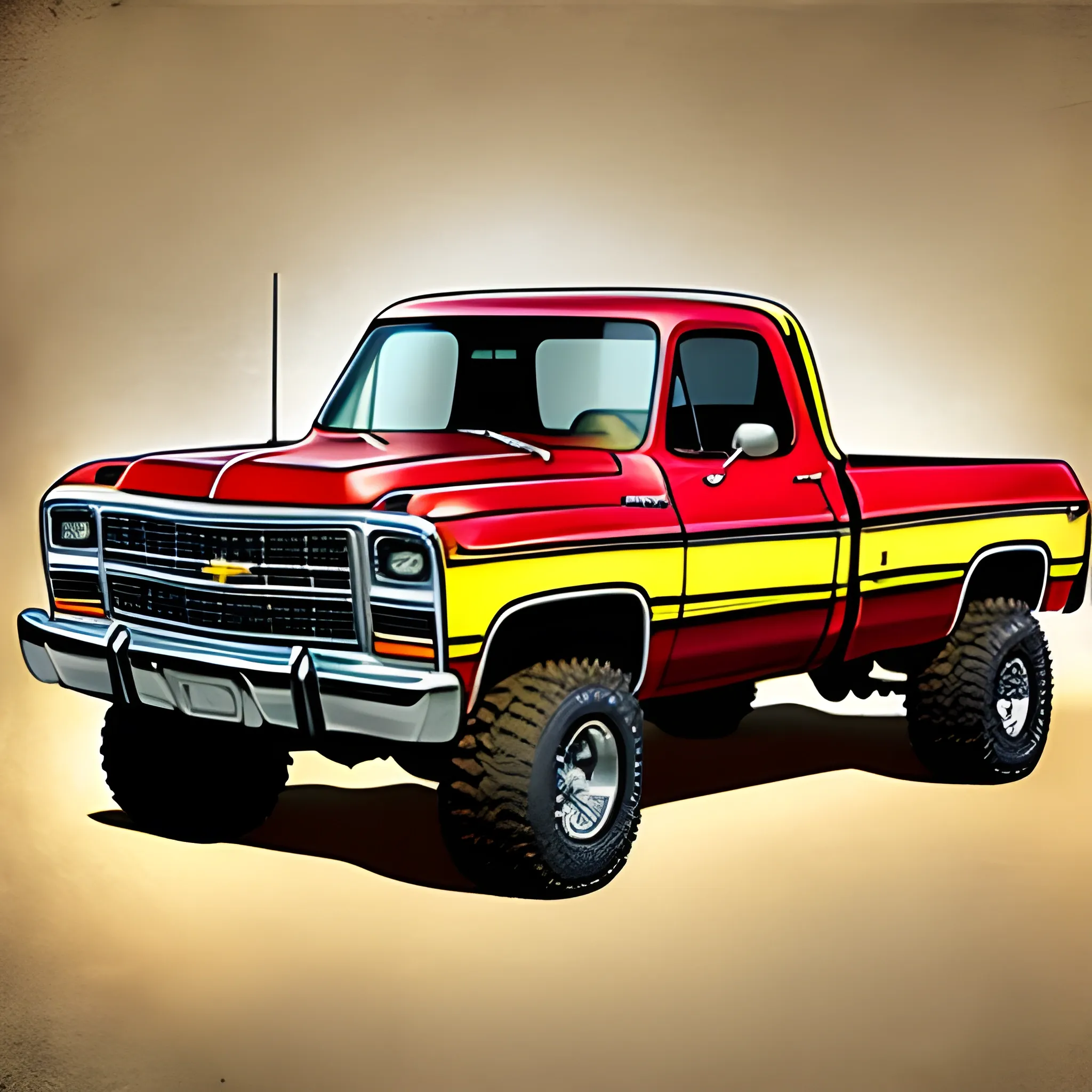 1979 Chevrolet huge 4x4 truck, fat tires American flag illustration 