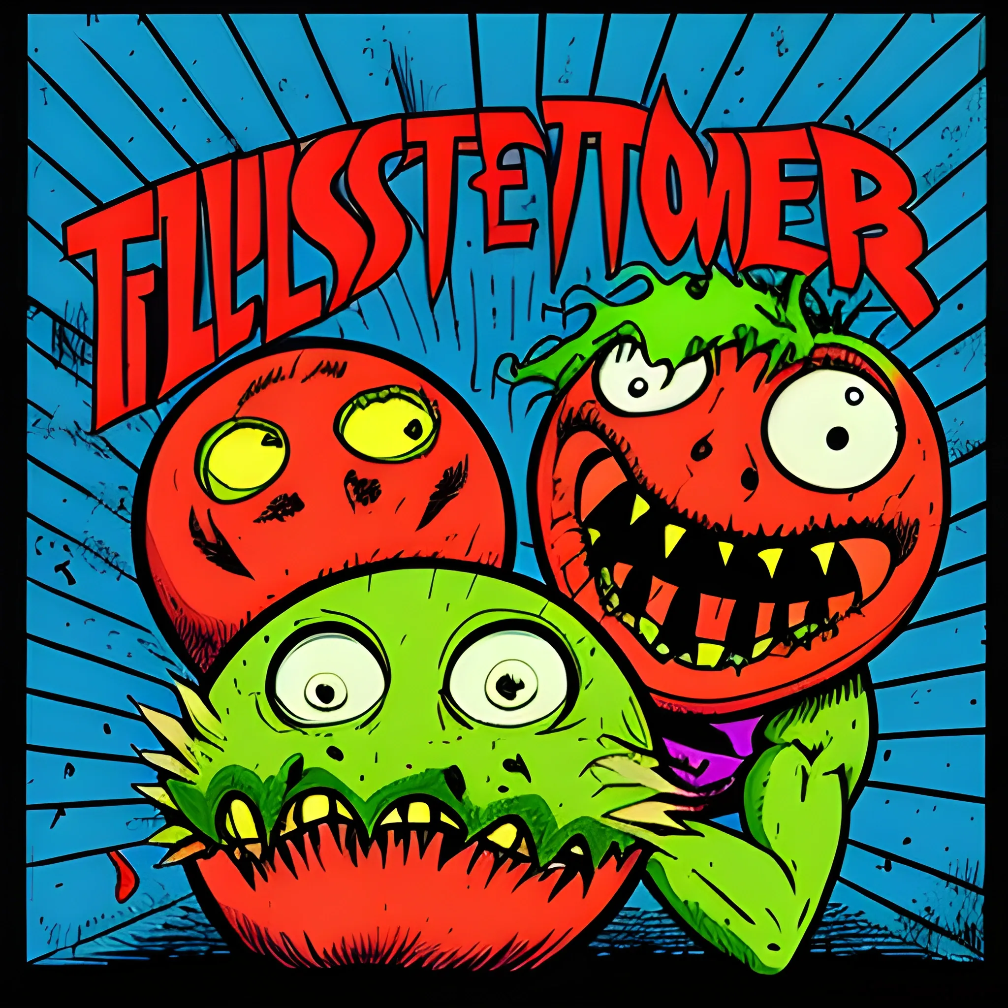 Illustration of 80s Attack of the Killer Tomatoes, monster, fighting a man