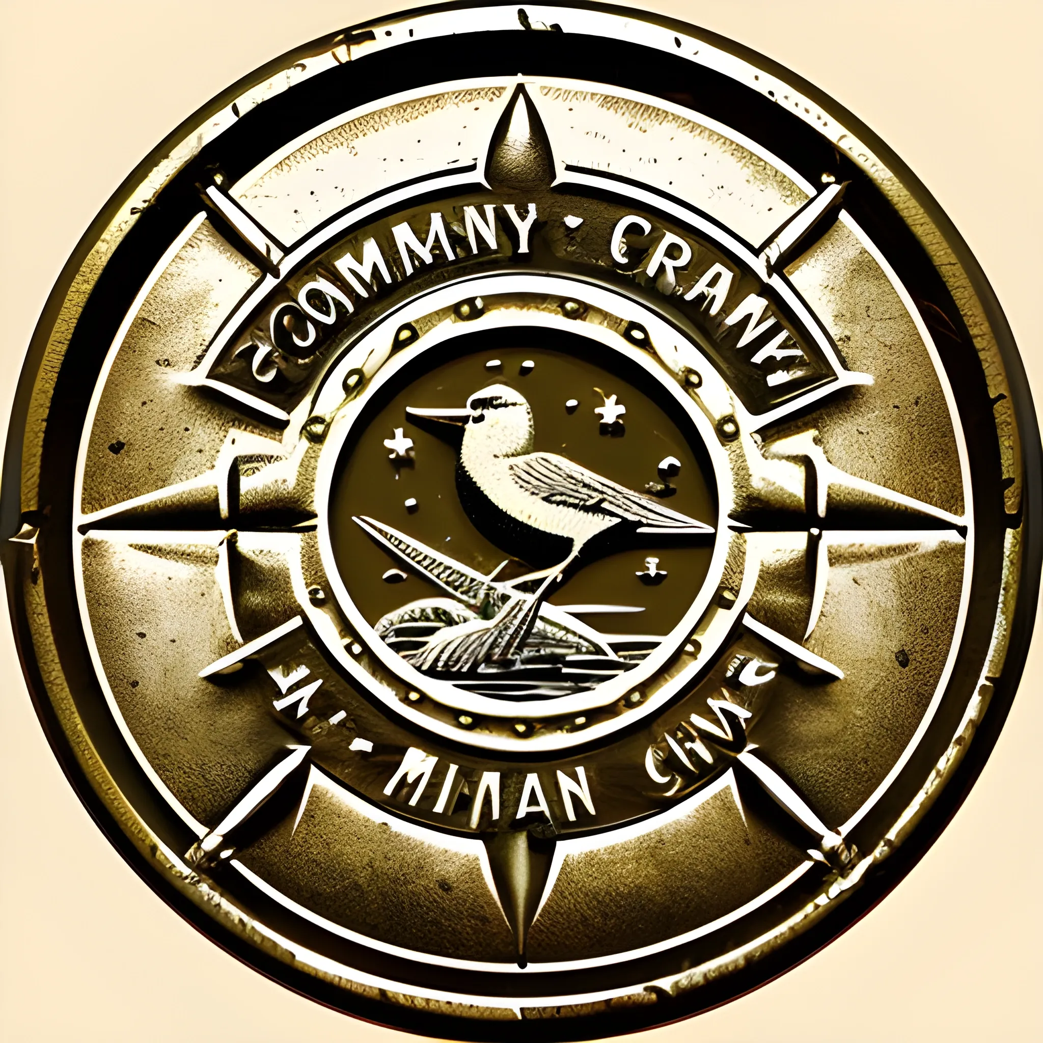 Company logo for a yachting crew community, old logo, rusty metal appearance, like the end of a wax seal stamp, Use the W & S, add 2 swallow bird and stars on the design
 