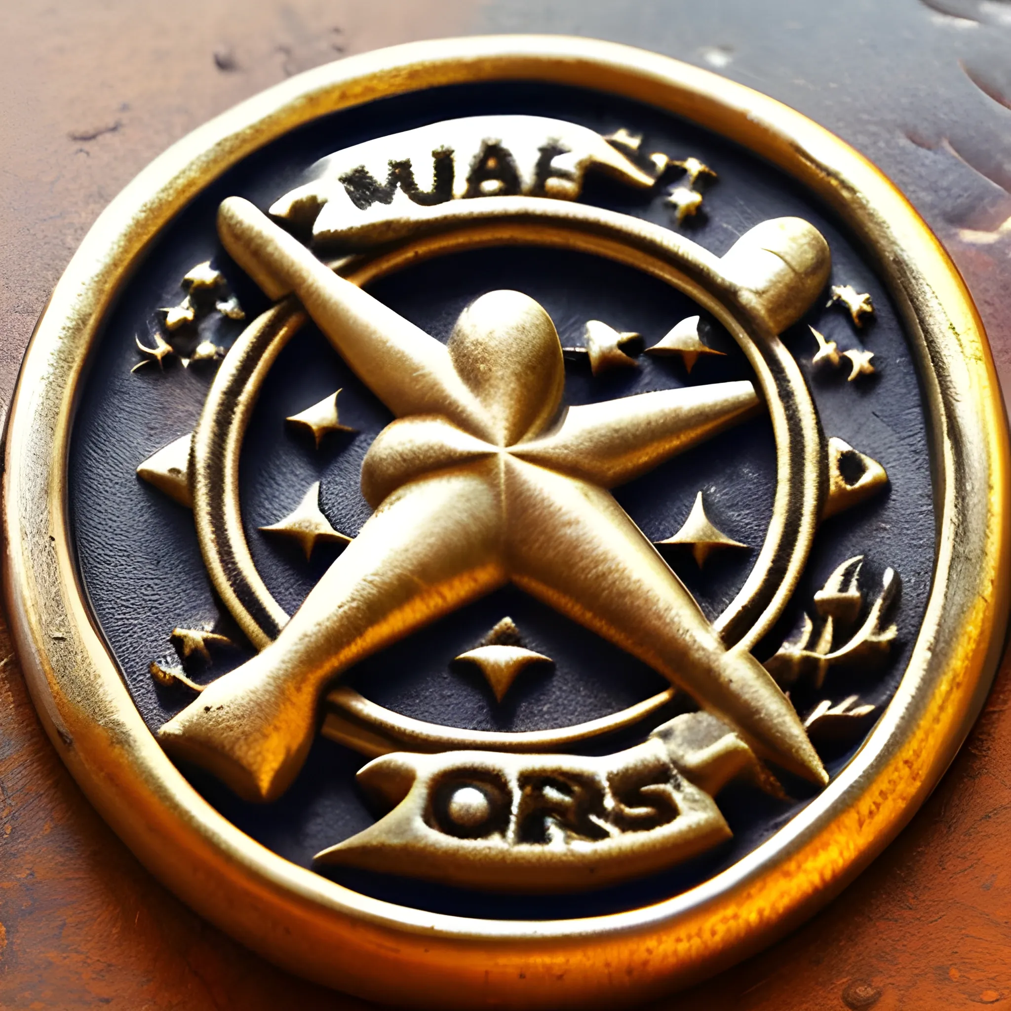 Create a company logo for a yachting crew community, old logo, rusty metal appearance, like the end of a wax seal stamp, name of the company is Wilder Sailors, add 2 swallow birds and stars on the design
 