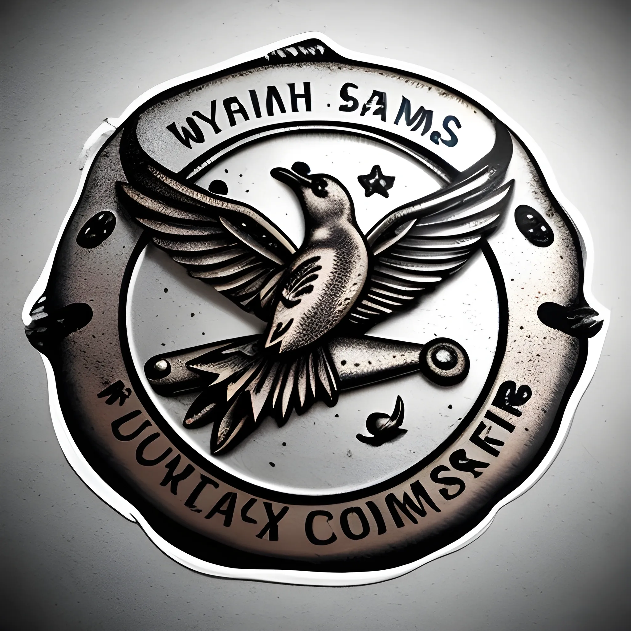 Create a company logo for a yachting crew community, old logo, rusty metal appearance, like the end of a wax seal stamp, name of the company is Wilder Sailors, add 2 swallow tattoo birds, and stars on the design, add each bird facing each other with their wings open.
 