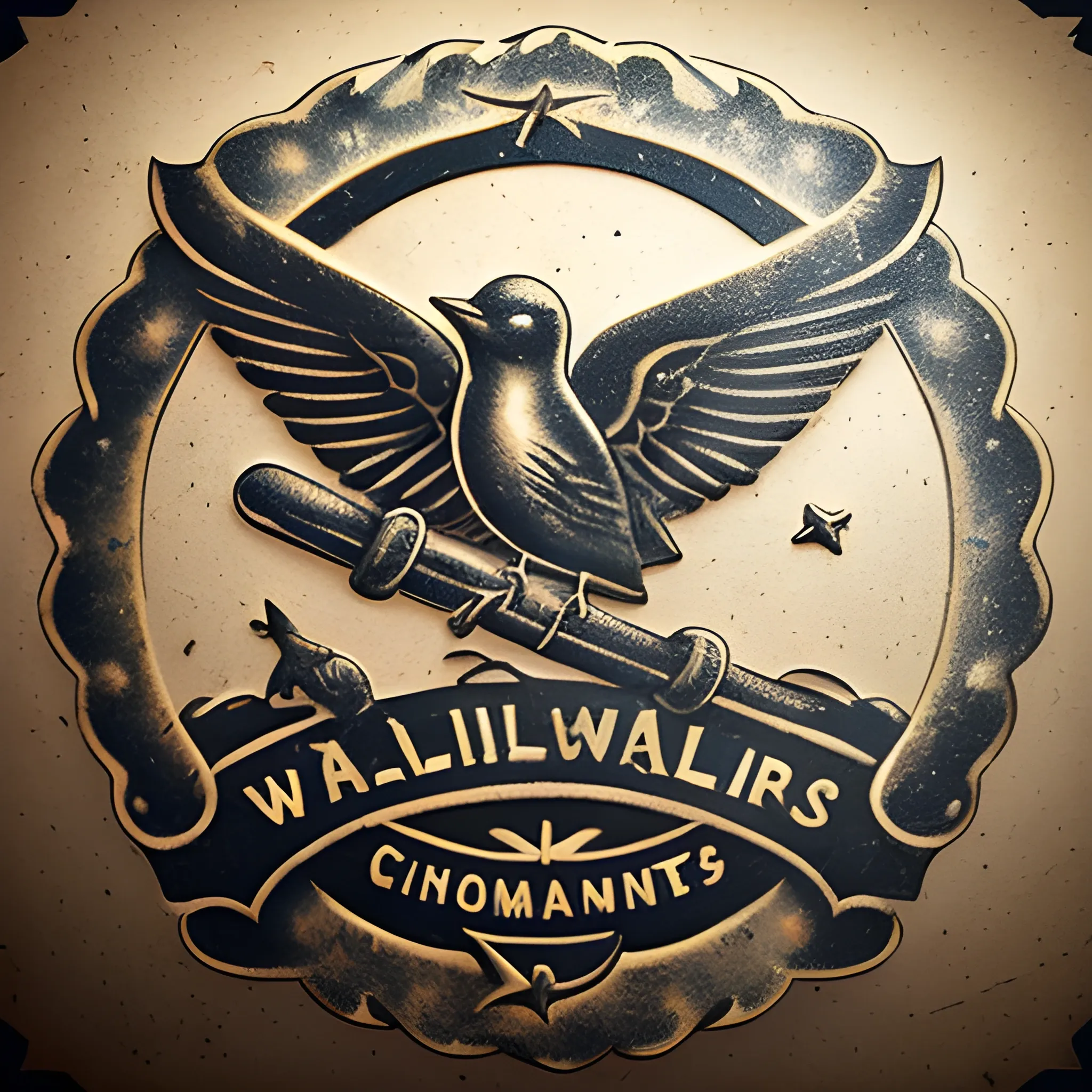 Create a company logo called "Wilder Sailors" for a yachting crew community. An old logo, with a rusty metal appearance, like the end of a wax seal stamp, add 2 swallow tattoo birds, and stars on the design, and add each bird facing each other with their wings open.
 