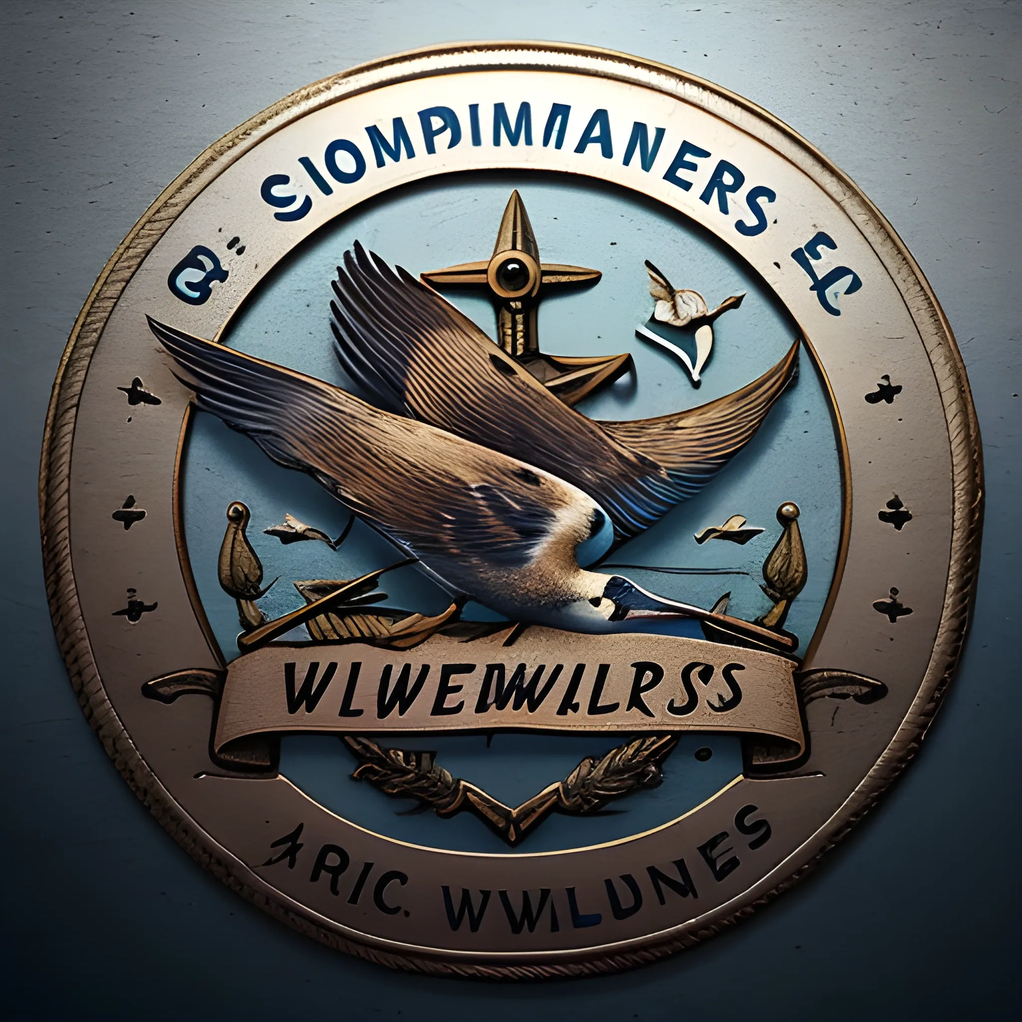 Create a company logo called "WilderSailors" for a yachting crew community. An old logo, with a rusty metal appearance, like the end of a wax seal stamp, add two swallow tattoo birds, and several stars in the sky, and add each bird facing each other with open wings.
 