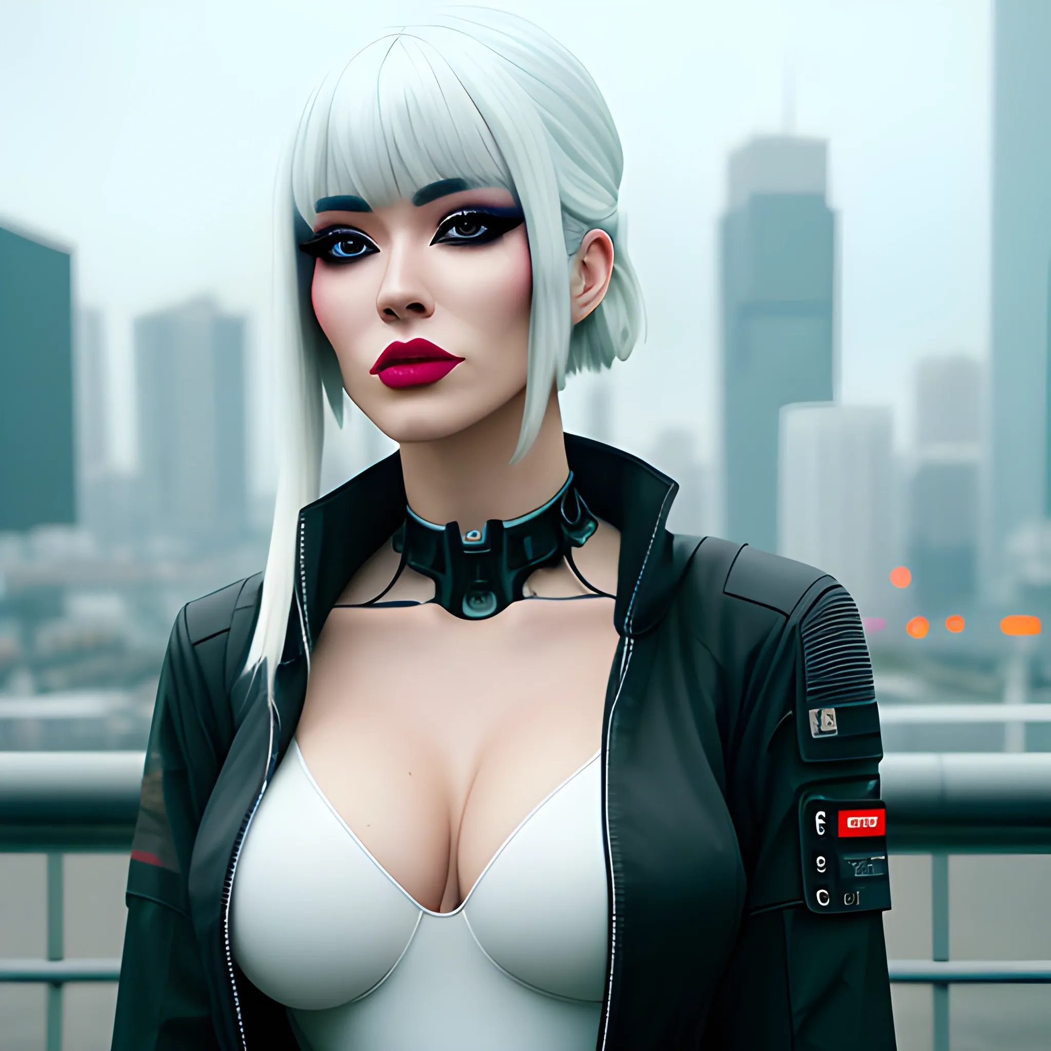 masterpiece, (photorealistic:1.4), best quality, beautiful lighting, (ulzzang-6500:0.5), lucy \(cyberpunk\), 1girl, white hair, against railing, arm rest, bangs, bare shoulders, belt, black belt, black leotard, black pants, blurry, bob cut, breasts, building, cityscape, clothing cutout, (cropped jacket), cyberpunk, depth of field, from side, gradient eyes, grey eyes, grey hair, white jacket, leotard, lips, long sleeves, looking afar, looking ahead, (mechanical parts), medium breasts, multicolored eyes, multicolored hair, night, night sky, off shoulder, open clothes, open jacket, outdoors, pants, parted lips, railing, red eyeliner, science fiction, short hair with long locks, short shorts, shorts, sidelocks, sky, solo, standing, teeth, thigh cutout, upper teeth only, white jacket, white shorts, cyberpunk \(series\), cyberpunk edgerunners, RAW photo, 8k uhd, film grain, cosplay, white wig, night, neon lights,,,, <lora:lucy_offset:1.21>
Negative prompt: BadDream, (UnrealisticDream:1.3)
Steps: 30, Size: 512x640, Seed: 5775676, Model: DreamShaper_7_pruned, Version: v1.3.2, Sampler: DPM++ SDE Karras, CFG scale: 9, Clip skip: 2, Model hash: ed989d673d, Hires steps: 15, lucy_offset: 1> ", "lucy_offset: f7a664103d28", (ulzzang-6500: 0.6), lucy \\(cyberpunk\\), 1girl, gradient eyes, grey eyes, white hair, multicolored eyes, multicolored hair, (red eyeliner), science fiction, short hair with long locks, sidelocks, RAW photo, 8k uhd, film grain, Hires upscale: 2.65, Hires upscaler: 8x_NMKD-Superscale_150000_G, (photorealistic: 1.4), best quality, beautiful lighting, ADetailer model: face_yolov8n.pt, ADetailer prompt: "masterpiece, (UnrealisticDream: 1.3)", ADetailer version: 23.6.1.post0, Denoising strength: 0.4, ADetailer mask blur: 4, ADetailer model 2nd: hand_yolov8n.pt, ADetailer confidence: 0.3, ADetailer prompt 2nd: beautiful hands, ADetailer dilate/erode: 4, ADetailer mask blur 2nd: 4, ADetailer confidence 2nd: 0.3, ADetailer inpaint padding: 0, ADetailer negative prompt: "BadDream, ADetailer dilate/erode 2nd: 4, ADetailer denoising strength: 0.4, ADetailer inpaint only masked: True, ADetailer inpaint padding 2nd: 32, ADetailer negative prompt 2nd: "BadDream, ADetailer denoising strength 2nd: 0.3, ADetailer inpaint only masked 2nd: True
