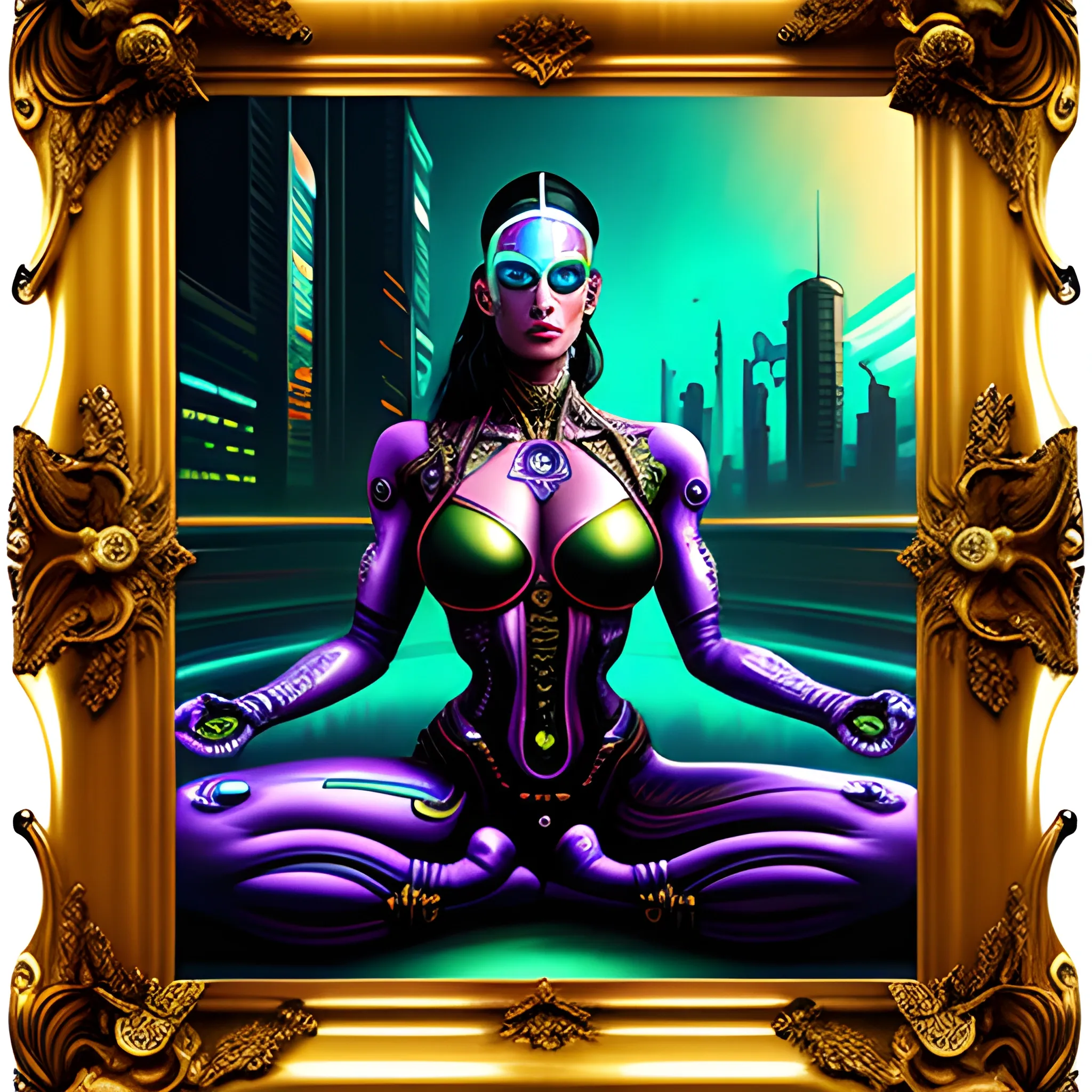 , Trippy, A GIRL IN A YOGA POSITION, CYBERPUNK STYLE, CYBORG, ROCOCO STYLE, Oil Painting
