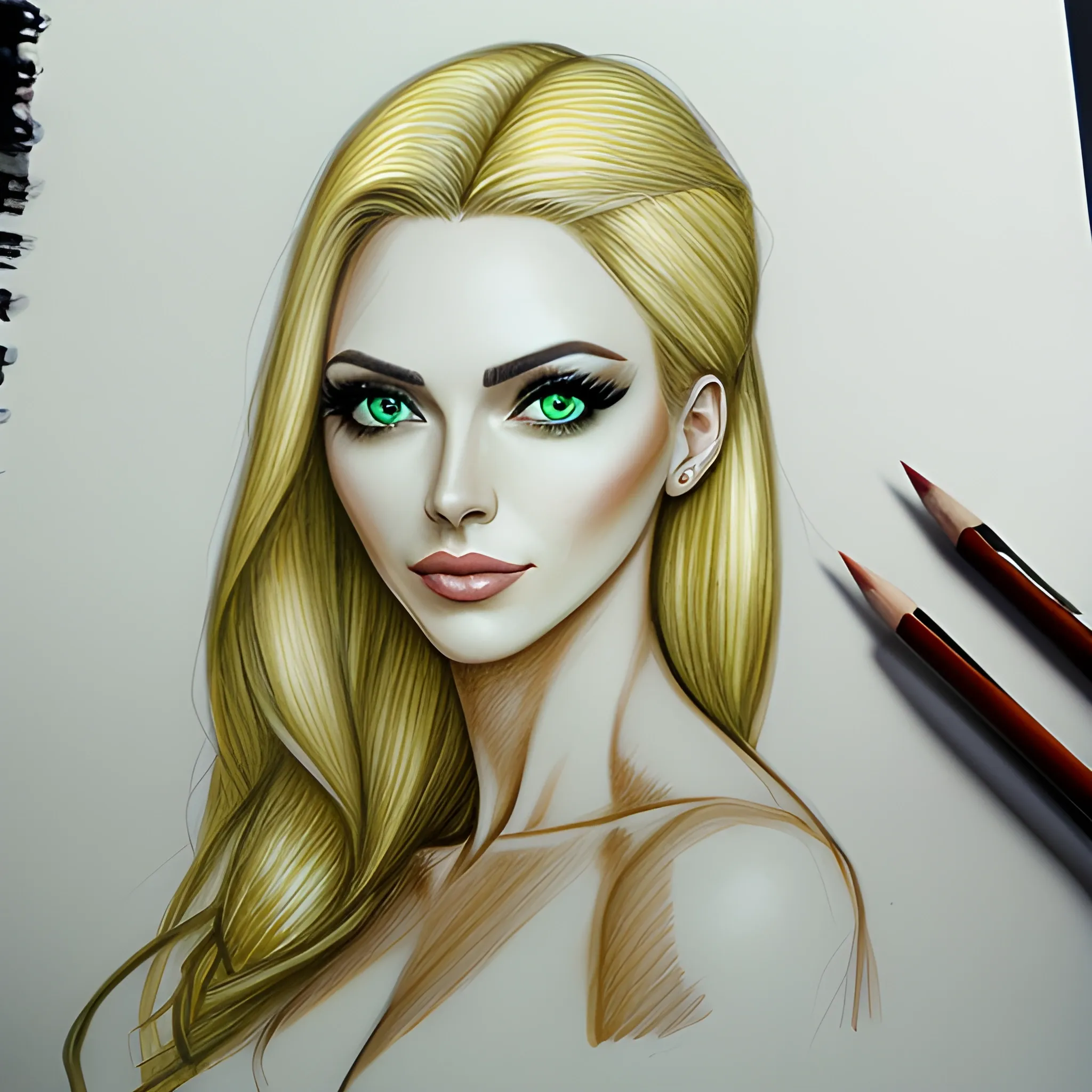 masterpiece, best quality, girl, green eyes, blonde hair, 
  arms behind head, Pencil Sketch