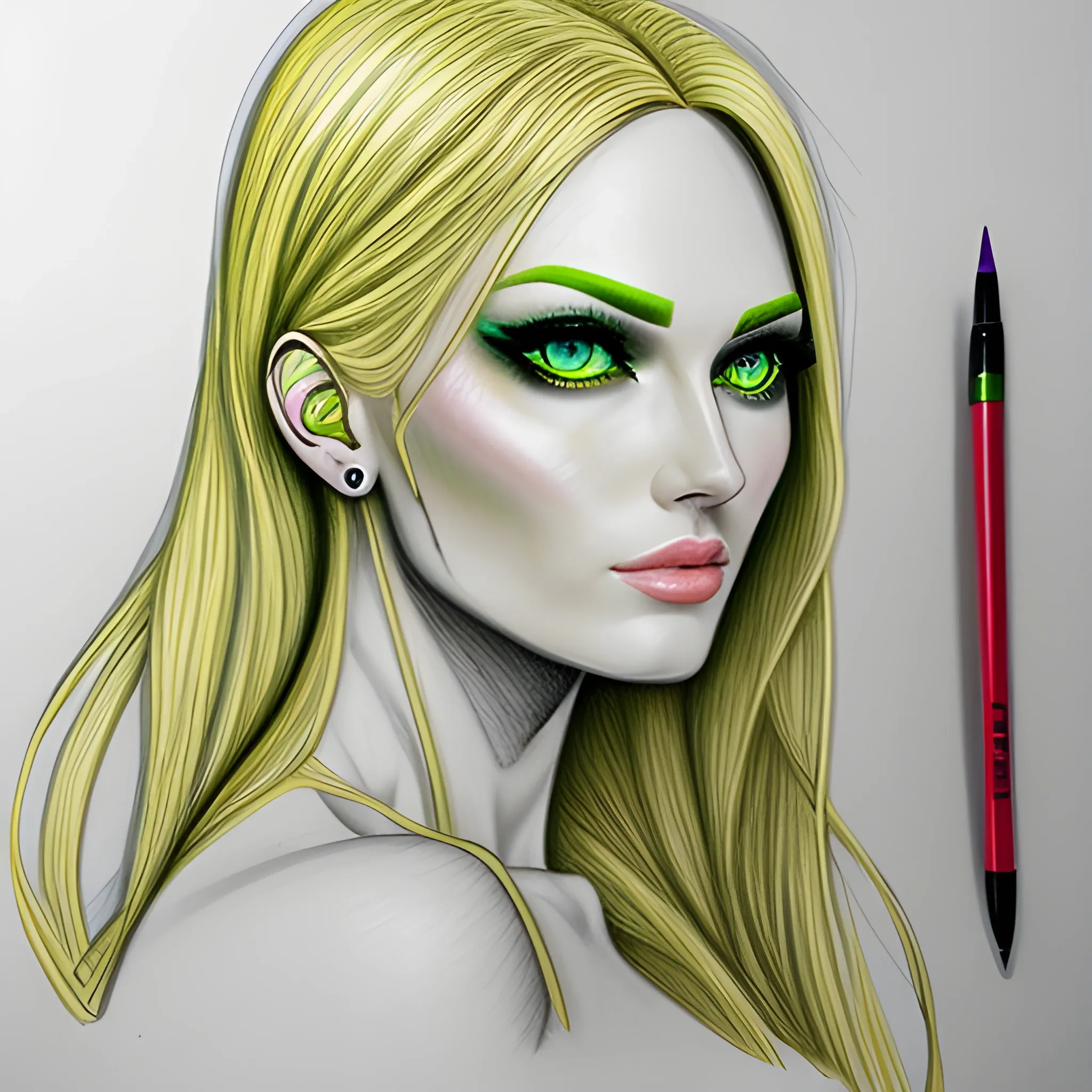masterpiece, best quality, girl, green eyes, blonde hair, 
  arms behind head, Pencil Sketch, Trippy