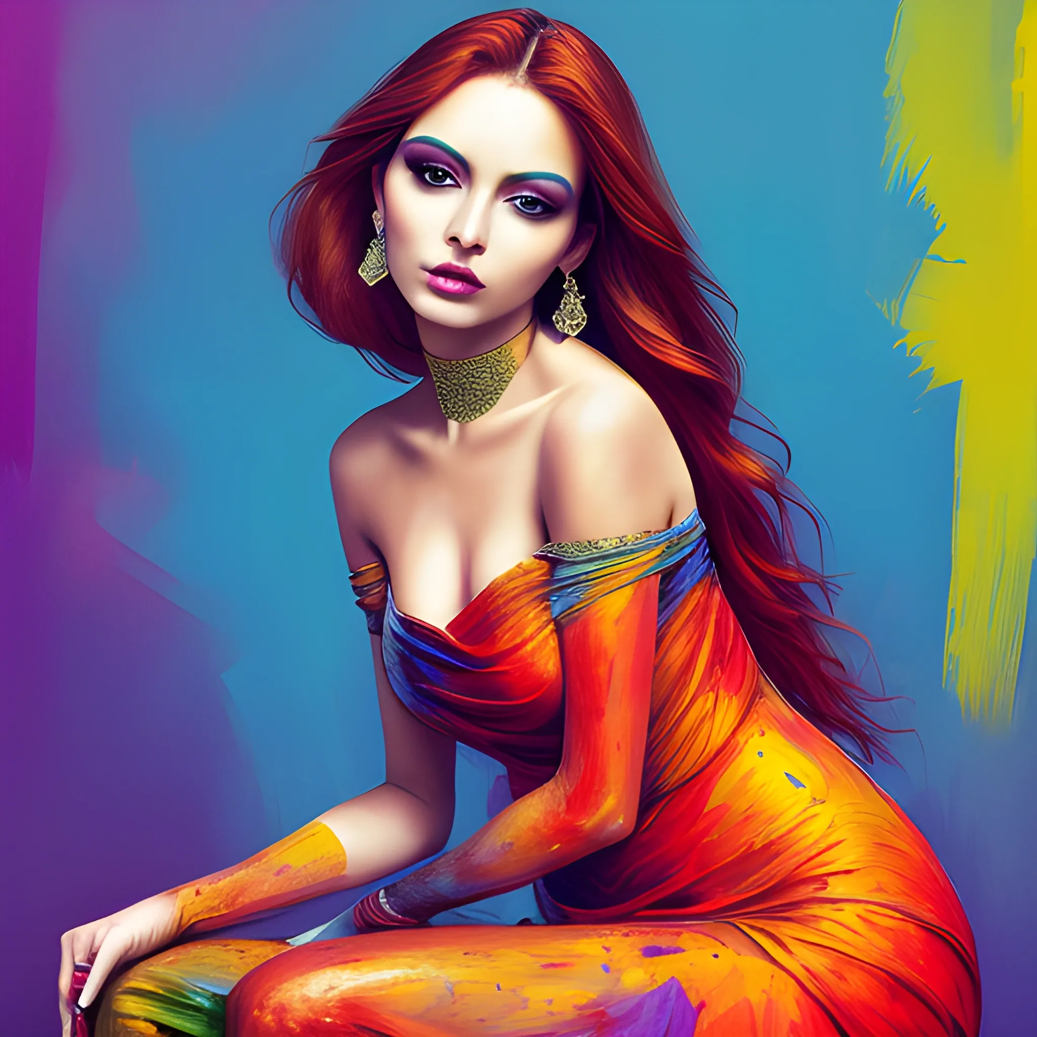 Color paint of Beautiful Woman Posing, glamor, Davinchi