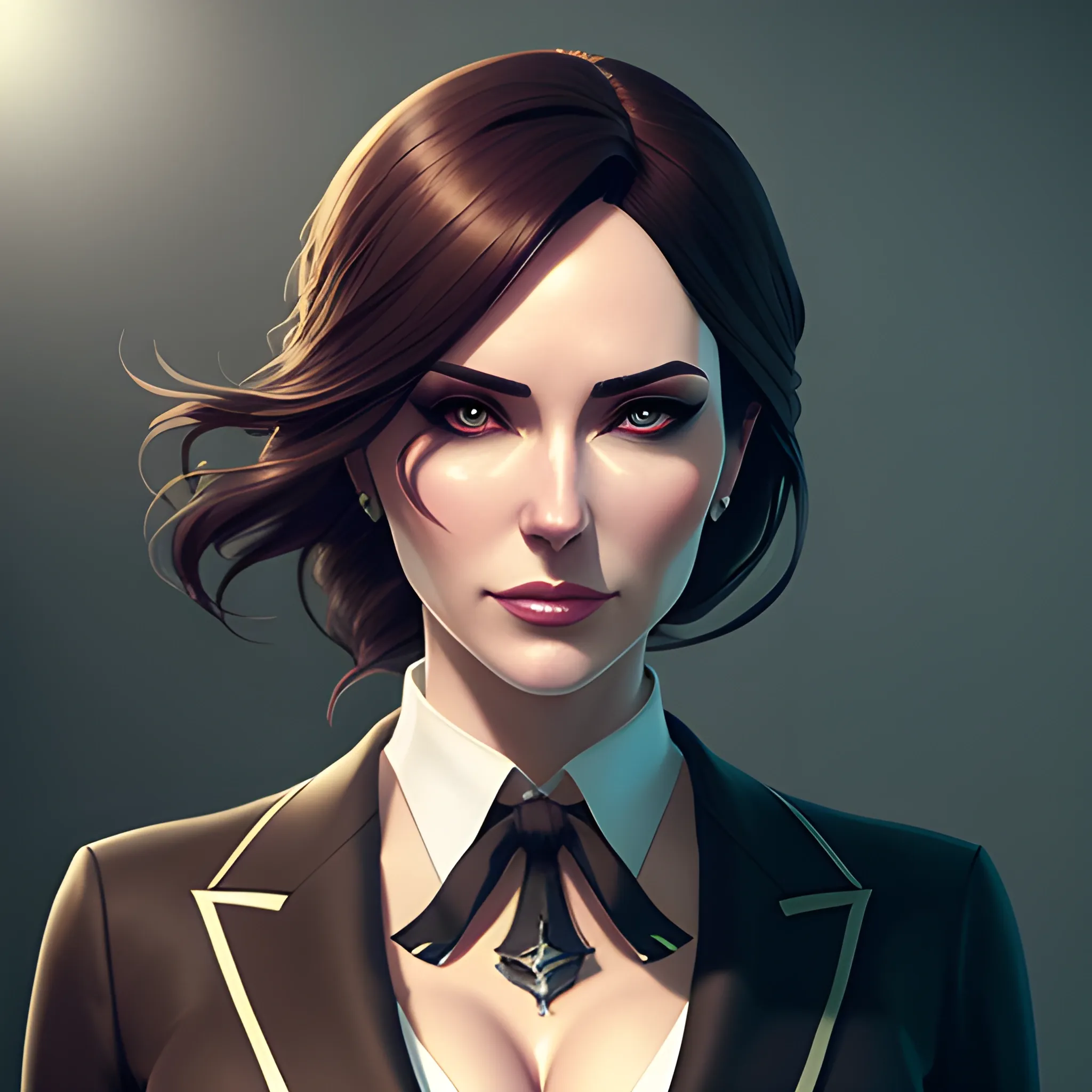 arcane style, Posh girl wearing an open blazer, tie, detailed portrait, cell shaded, 4 k, concept art, by wlop, ilya kuvshinov, artgerm, krenz cushart, greg rutkowski, pixiv. cinematic dramatic atmosphere, sharp focus, volumetric lighting, cinematic lighting, studio quality