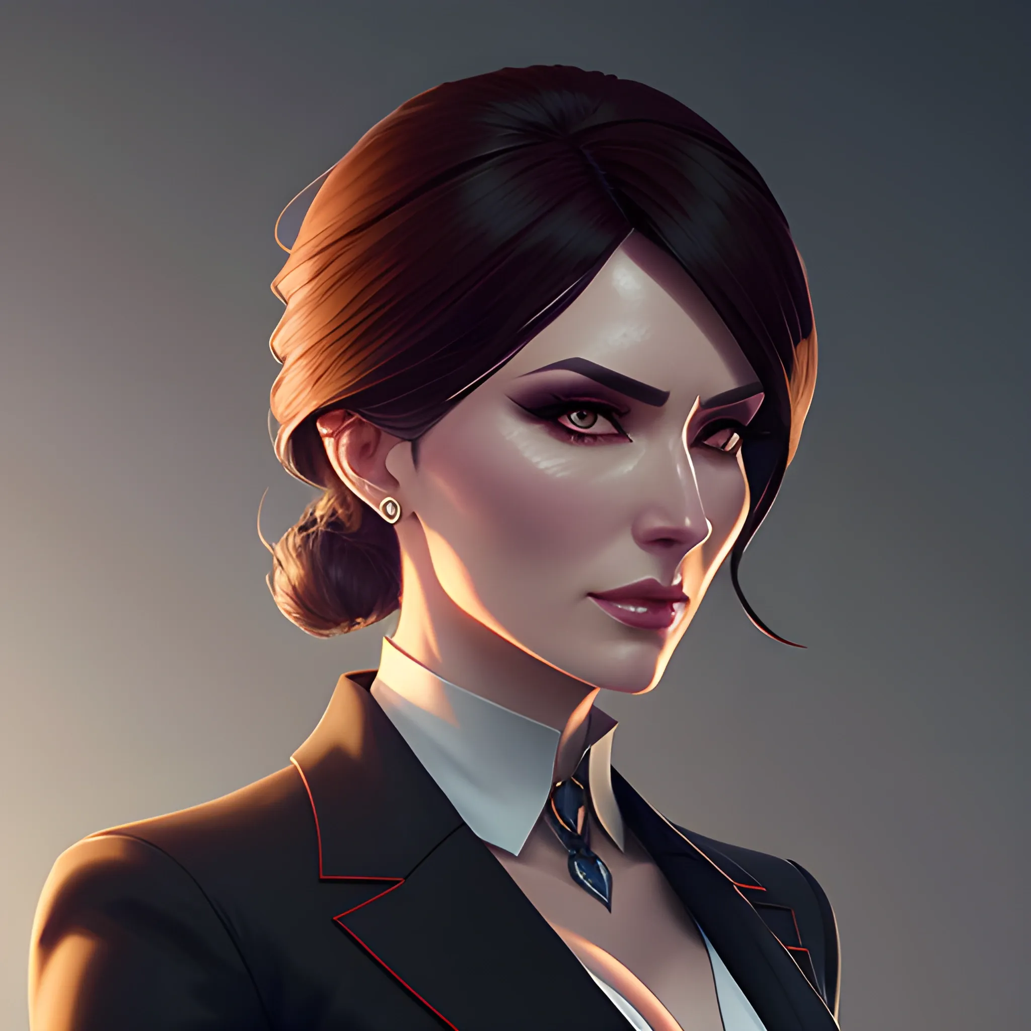 arcane style, Posh girl wearing an open blazer, tie, detailed portrait, cell shaded, 4 k, concept art, by wlop, ilya kuvshinov, artgerm, krenz cushart, greg rutkowski, pixiv. cinematic dramatic atmosphere, sharp focus, volumetric lighting, cinematic lighting, studio quality