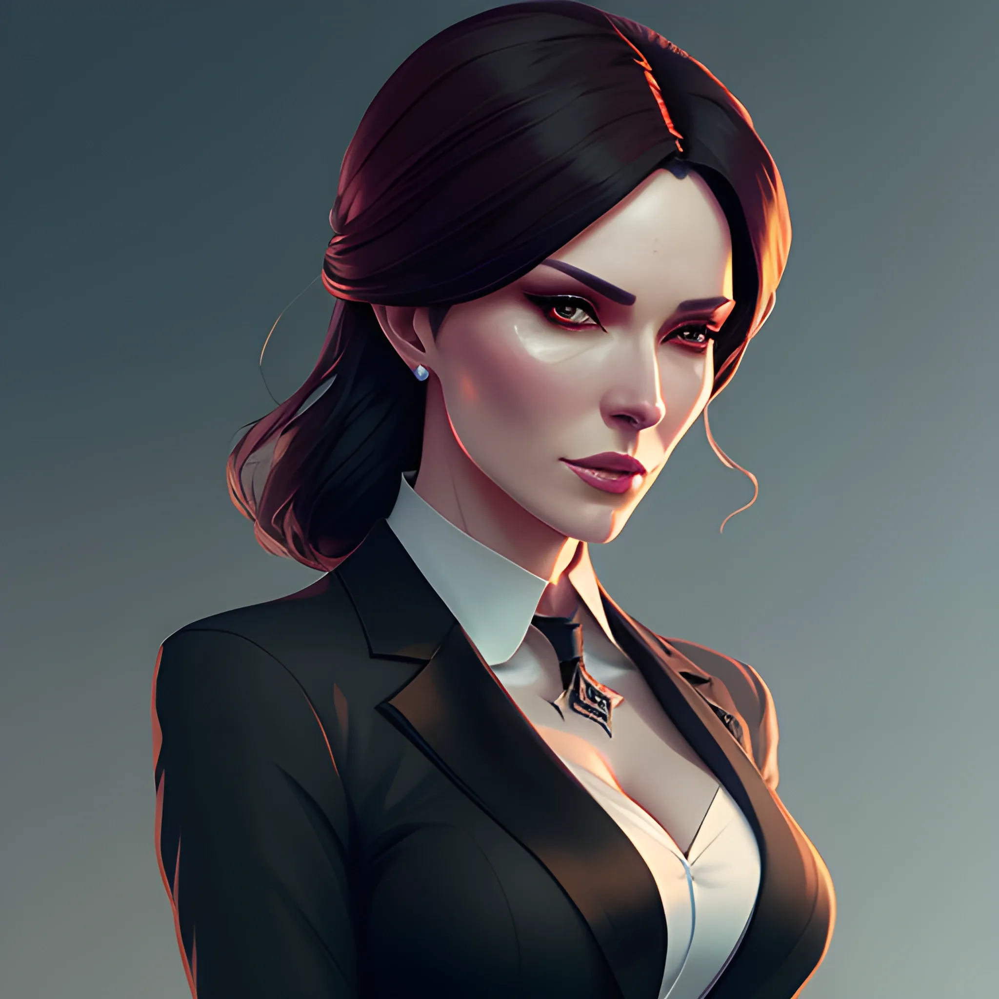 arcane style, Posh girl wearing an open blazer, tie, detailed portrait, cell shaded, 4 k, concept art, by wlop, ilya kuvshinov, artgerm, krenz cushart, greg rutkowski, pixiv. cinematic dramatic atmosphere, sharp focus, volumetric lighting, cinematic lighting, studio quality