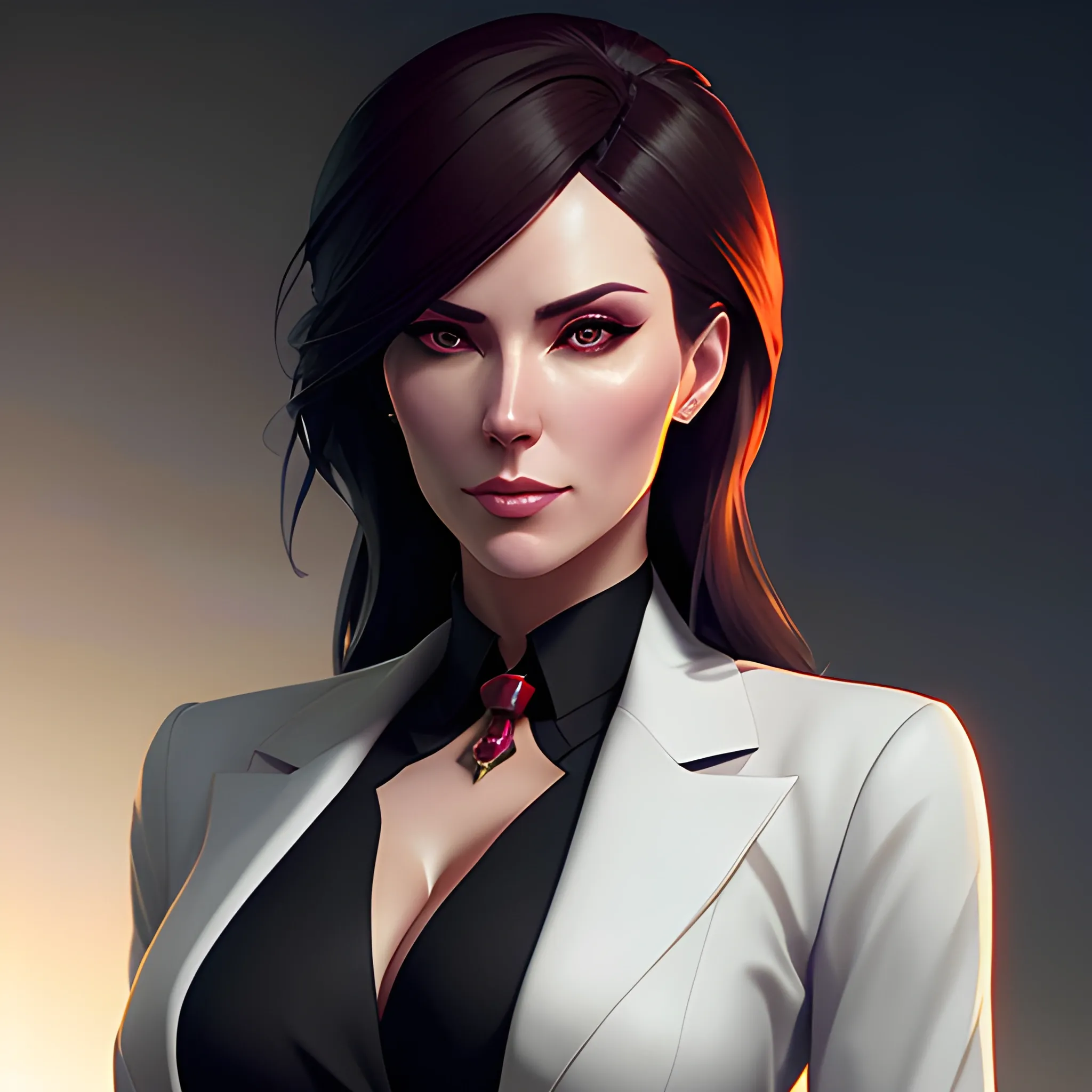 arcane style, Posh girl wearing an open blazer, tie, detailed portrait, cell shaded, 4 k, concept art, by wlop, ilya kuvshinov, artgerm, krenz cushart, greg rutkowski, pixiv. cinematic dramatic atmosphere, sharp focus, volumetric lighting, cinematic lighting, studio quality