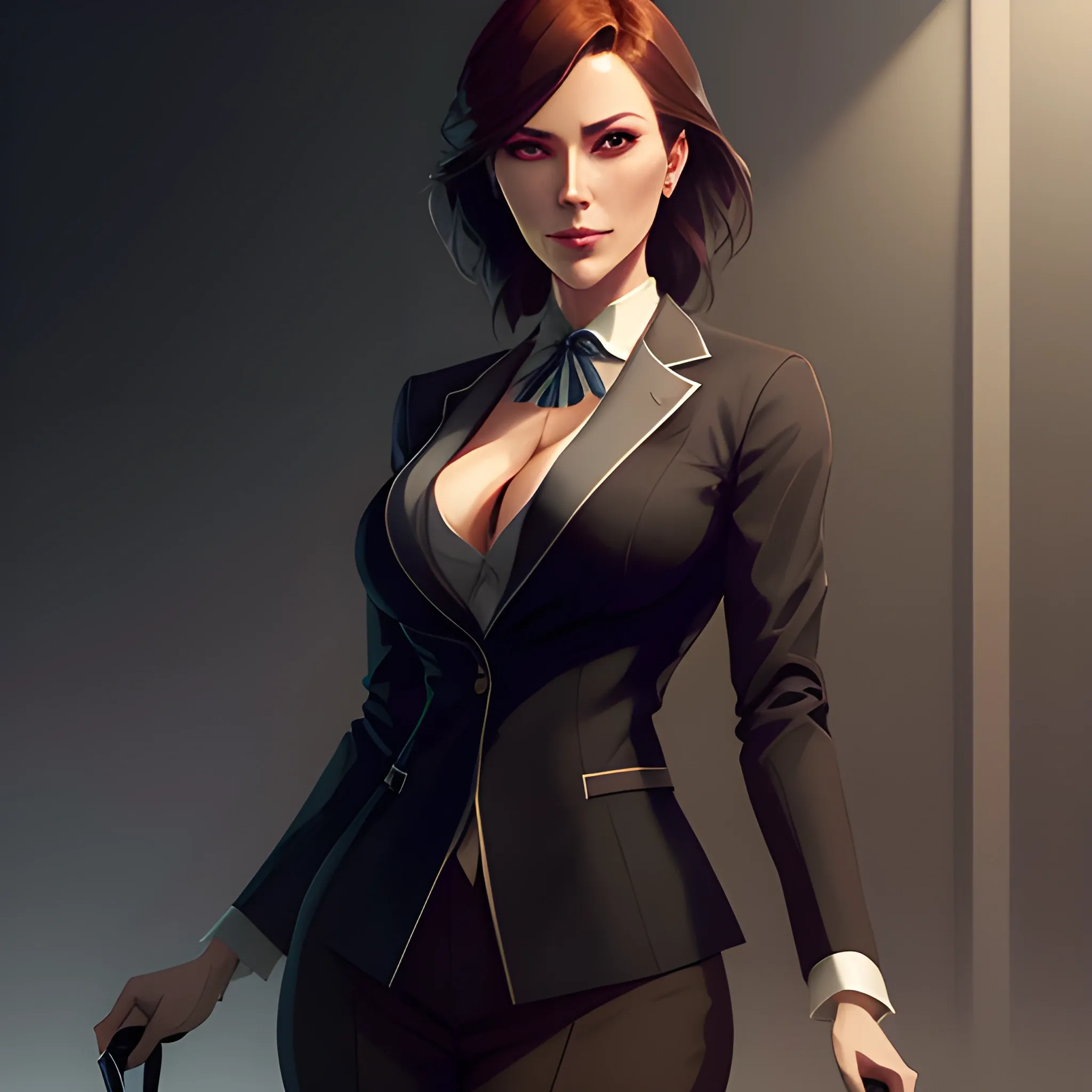 arcane style, Posh girl wearing an open blazer, tie, detailed portrait, cell shaded, 4 k, concept art, by wlop, ilya kuvshinov, artgerm, krenz cushart, greg rutkowski, pixiv. cinematic dramatic atmosphere, sharp focus, volumetric lighting, cinematic lighting, studio quality