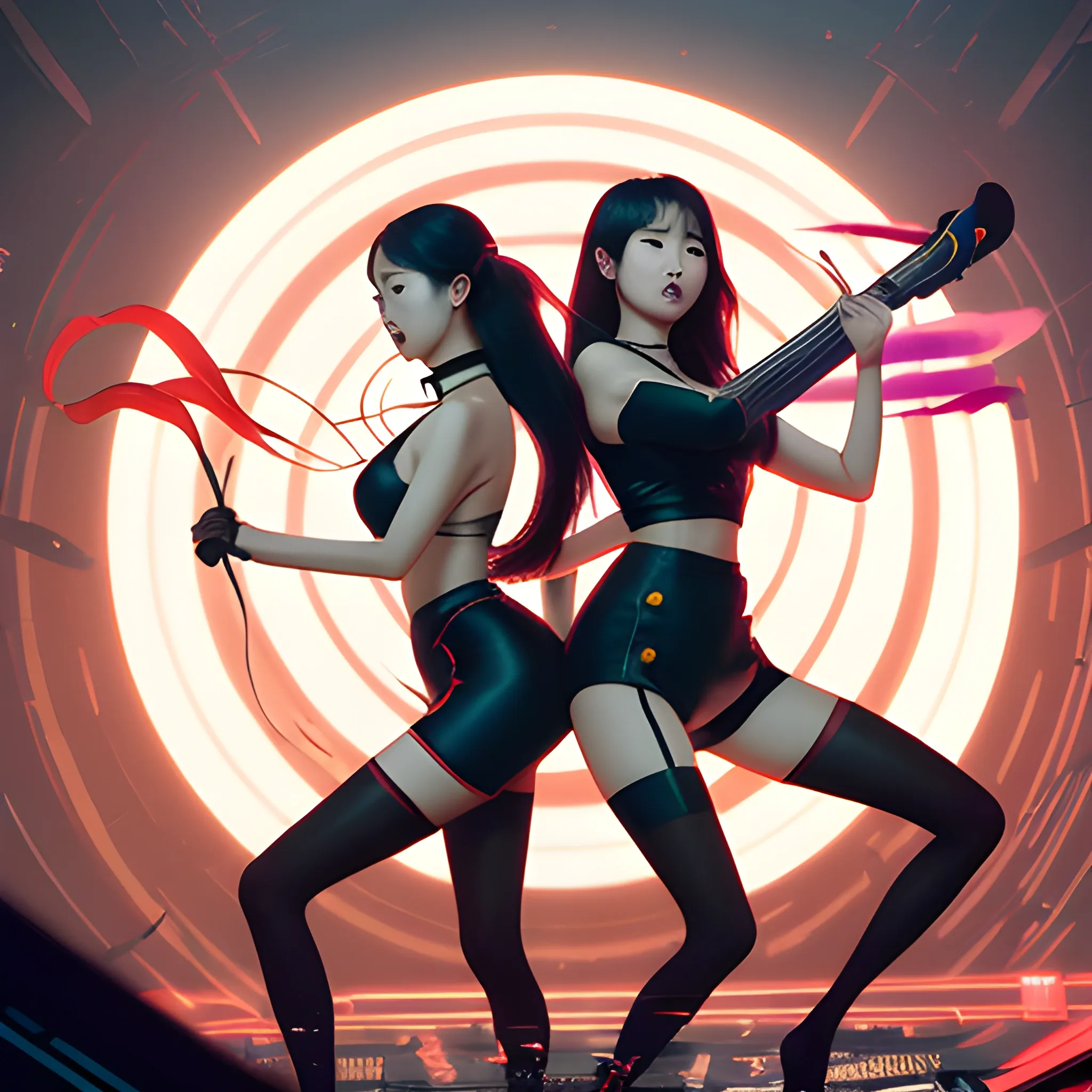 two classical korean female musicians, full figure, fit, spandex, black stockings, choker, long hair, classy,  beautiful faces, open mouth, fighting with instruments, chaotic messy background, Greg Rutkowski art, warm colors, synthwave stage illumination, Trippy