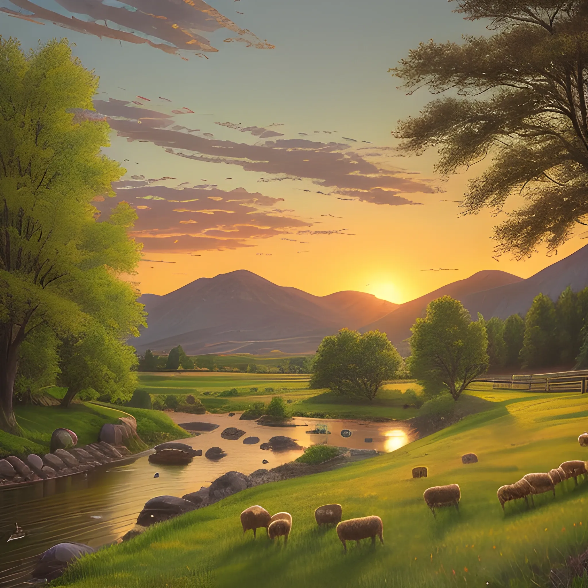 A color photo of a pastoral landscape, featuring a sprawling grassy meadow illuminated by the warm hues of the setting sun. A herd of cattle and sheep graze peacefully, while a babbling brook adds to the serene ambiance of the scene. The distant mountains form a stunning backdrop, while a flock of birds soars through the sky overhead. The tranquil stream, verdant grass, and warm sunset tones create a truly idyllic setting. —c 10 —ar 2:3