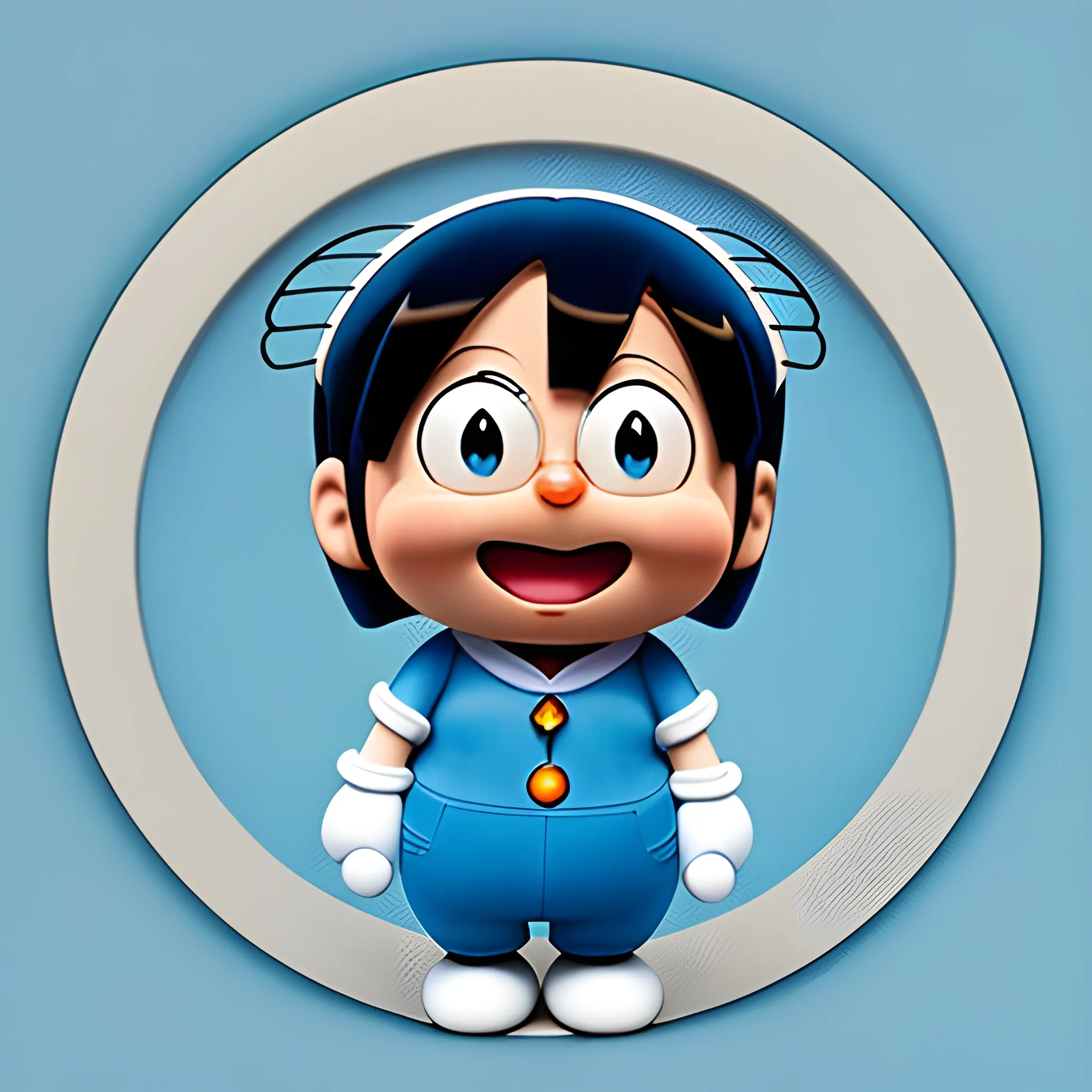 Generate an 8K image of Doraemon, the famous cartoon character, in a toddler-like and cute style. Ensure that Doraemon is depicted in a playful and cheerful manner, with his characteristic blue color, large round eyes, and friendly expression. The image should be vibrant and visually appealing, showcasing Doraemon's iconic gadgets, such as the four-dimensional pocket and the bamboo-copter. Please pay attention to detail and make the image look as adorable and endearing as possible. The final result should be a high-resolution, adorable image of Doraemon suitable for display.