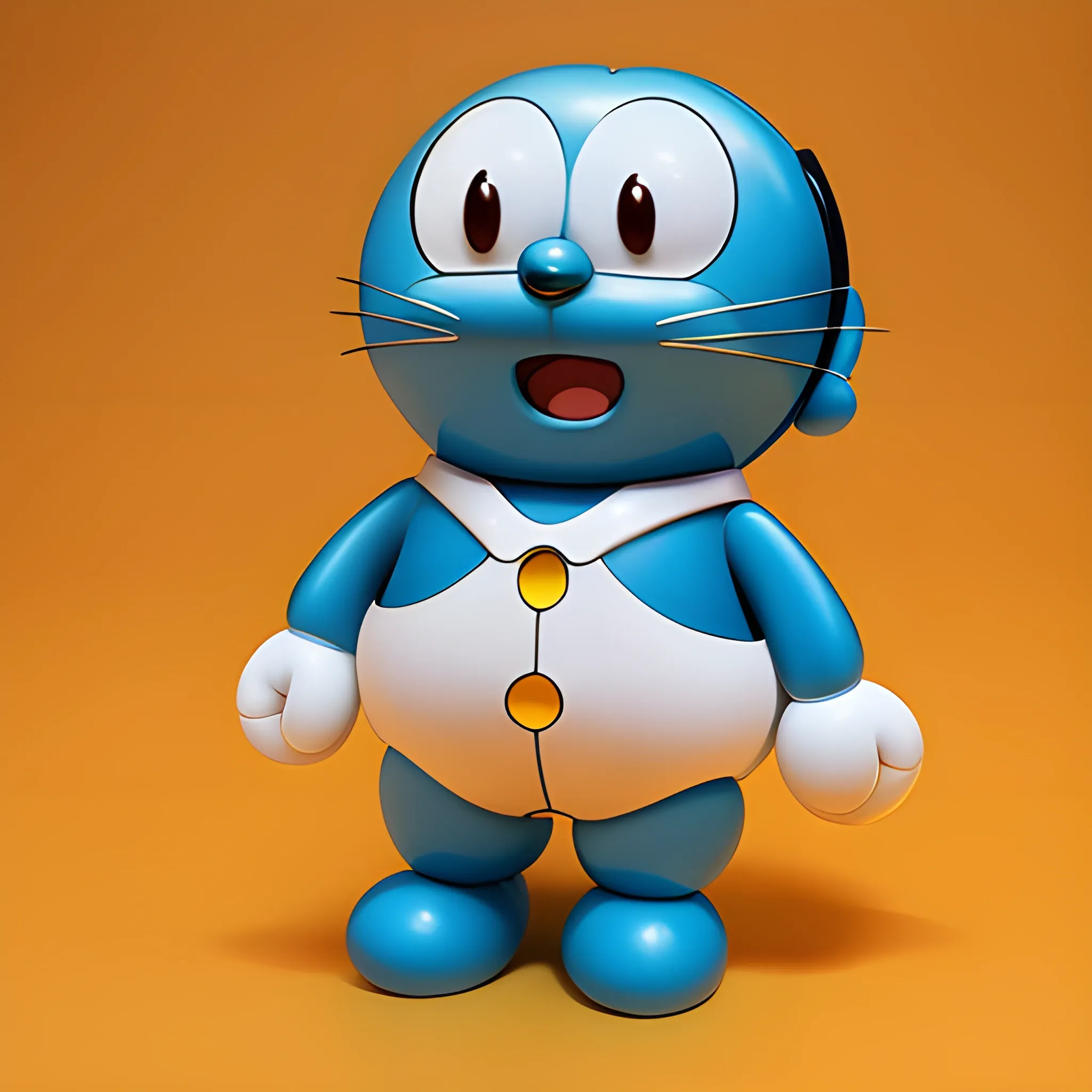 Generate an 8K image of Doraemon, the famous cartoon character, in a toddler-like and cute style. Ensure that Doraemon is depicted in a playful and cheerful manner, with his characteristic blue color, large round eyes, and friendly expression. The image should be vibrant and visually appealing, showcasing Doraemon's iconic gadgets, such as the four-dimensional pocket and the bamboo-copter. Please pay attention to detail and make the image look as adorable and endearing as possible. The final result should be a high-resolution, adorable image of Doraemon suitable for display.