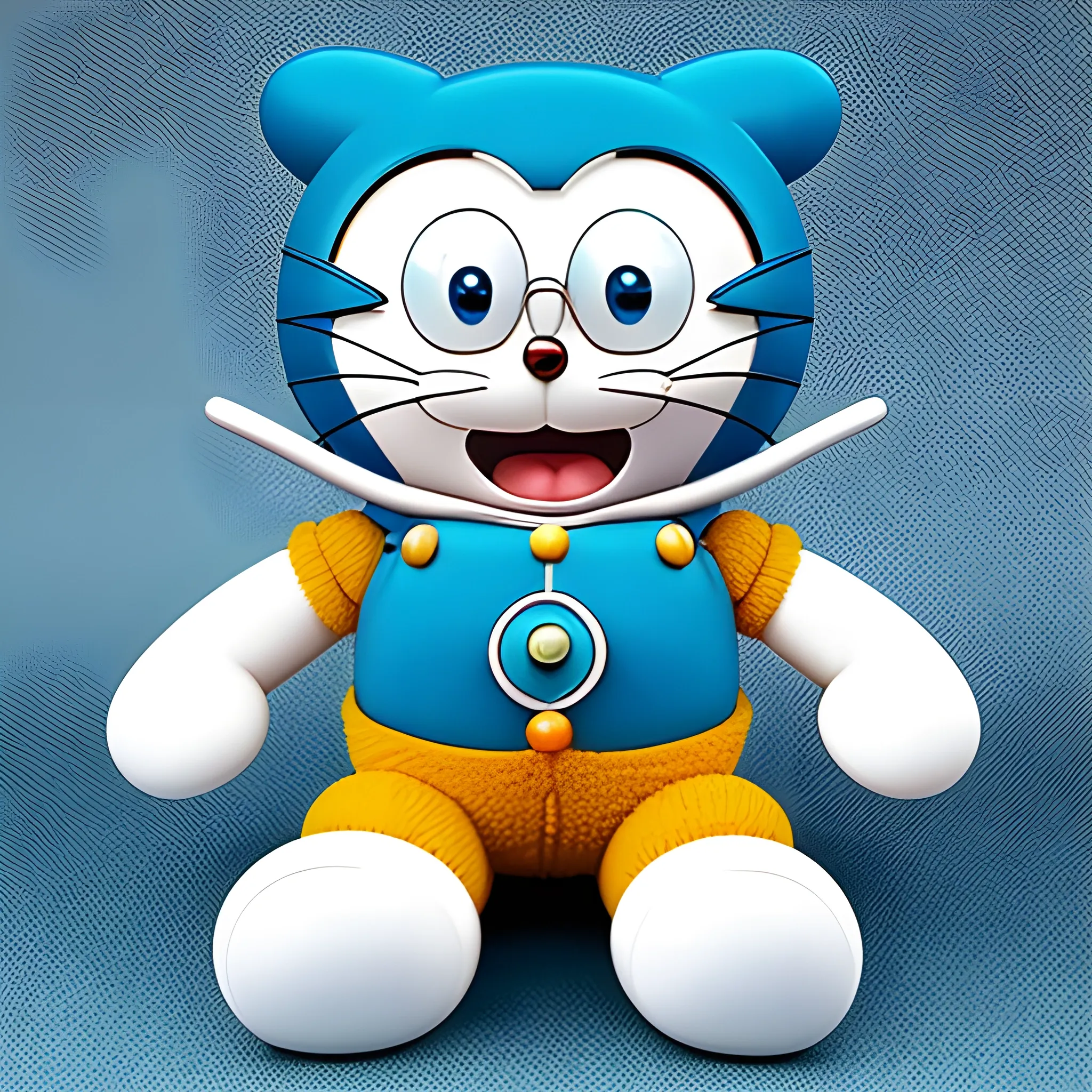 Generate an 8K image of Doraemon, the famous cartoon character, in a toddler-like and cute style. Ensure that Doraemon is depicted in a playful and cheerful manner, with his characteristic blue color, large round eyes, and friendly expression. The image should be vibrant and visually appealing, showcasing Doraemon's iconic gadgets, such as the four-dimensional pocket and the bamboo-copter. Please pay attention to detail and make the image look as adorable and endearing as possible. The final result should be a high-resolution, adorable image of Doraemon suitable for display.