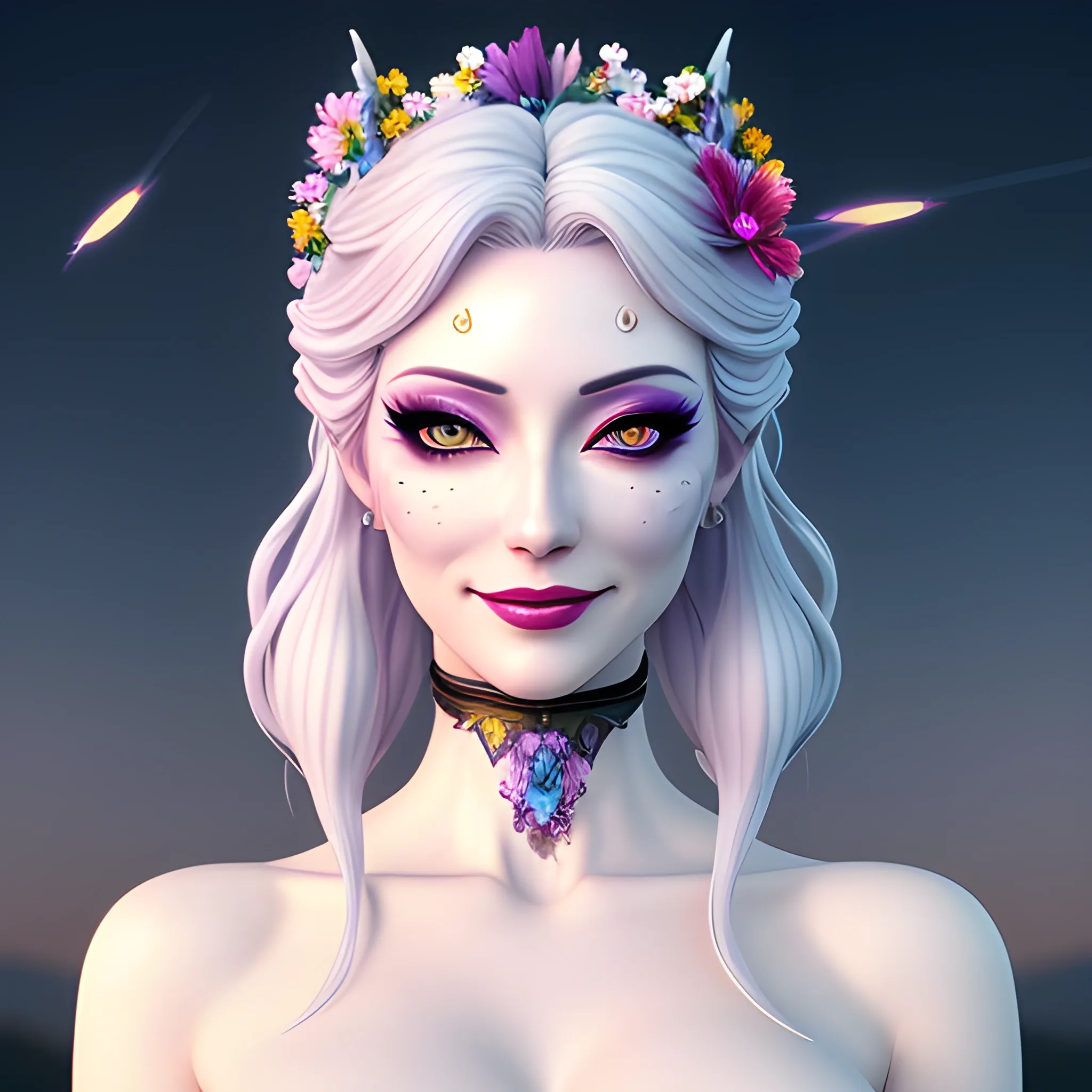 nsfw:1.5,masterpiece, best quality, 1girl, (colorful),(delicate eyes and face), volumatic light, ray tracing, bust shot ,extremely detailed CG unity 8k wallpaper,solo,smile,((flying petal)),(Flowery meadow) sky, cloudy_sky,moonlight, moon, night, (dark theme:1.3), light, fantasy, windy, magic sparks, dark castle,white hair,, 3D, 3D