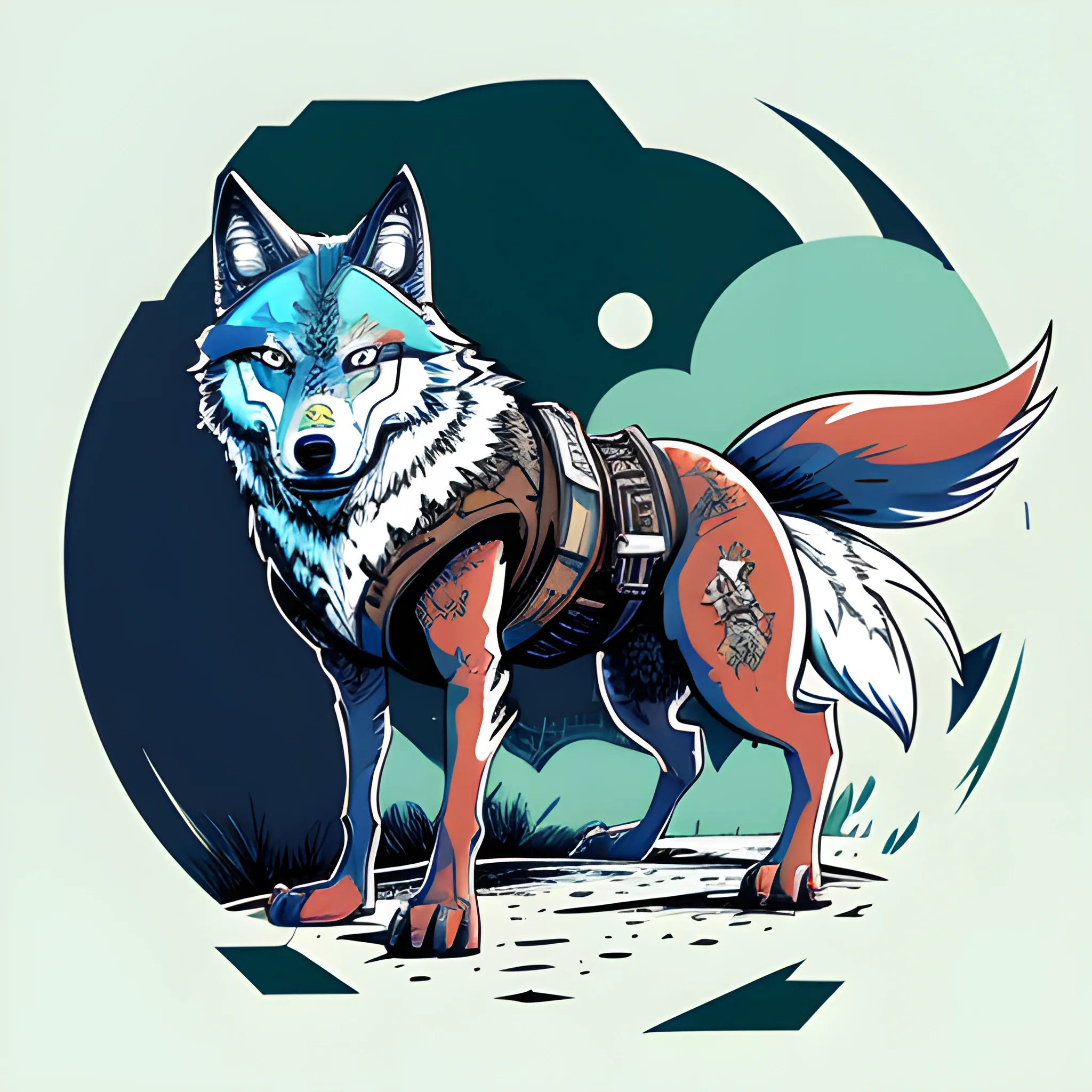 A detailed illustration, wolf warrior at Cresent Moon, full shot splash, t-shirt graphic design piece of artwork, anime, comic, flat design, colorful shades, highly detailed, clean, vector image, flat white background, isometric, vibrant vector, sticker, mediaval, anime, vintage, rustic, distressed texture, faded colors, line art, engraving style, background white, no shadows, 16k, focus, deviant art masterpiece.