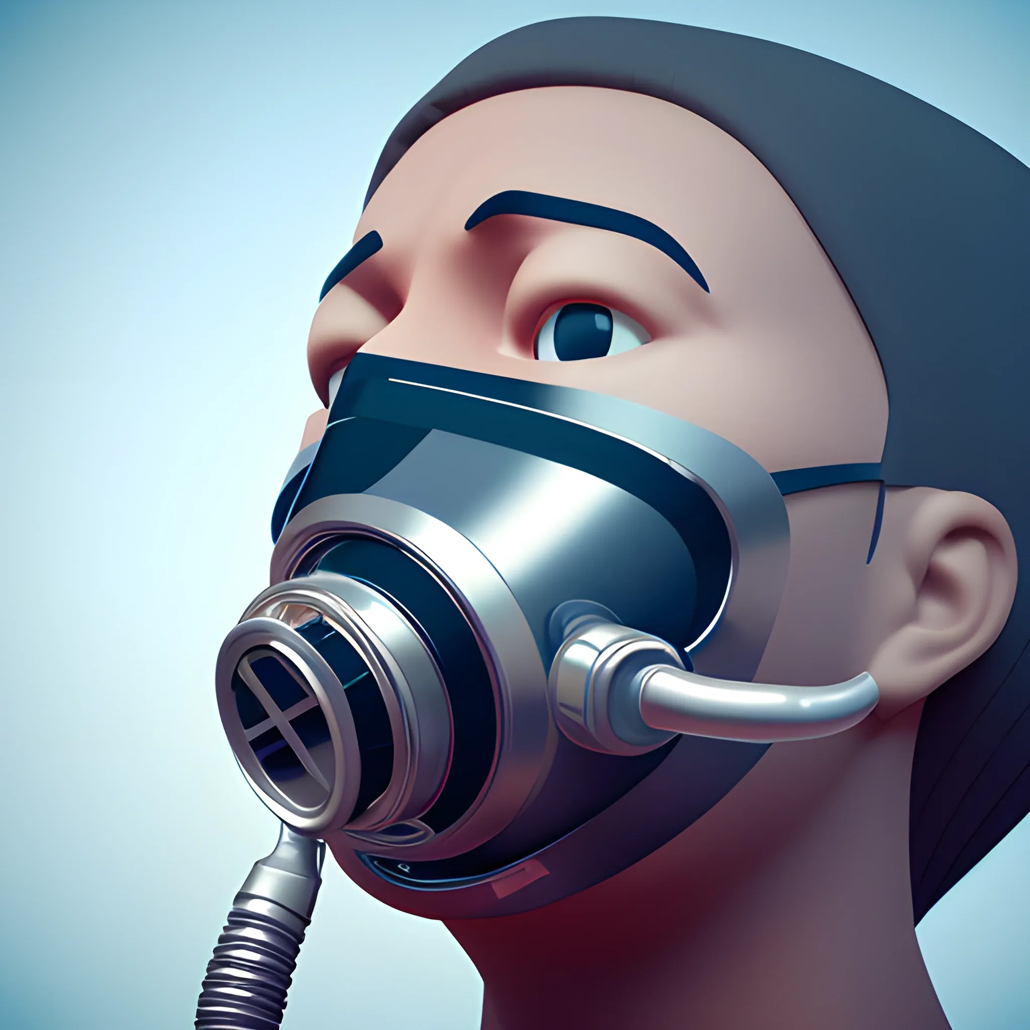 A big monster face with a oxygen mask, looking to camera, first plane, 3D